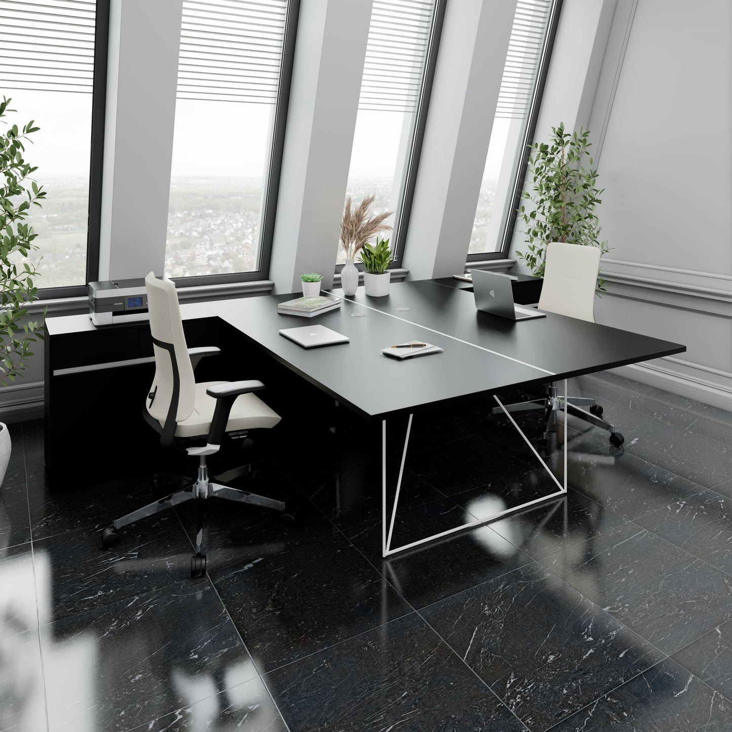 AIR DUO Desk del team con sideboard | 1600 - 2000 x 3200 mm, elettrificato, nero