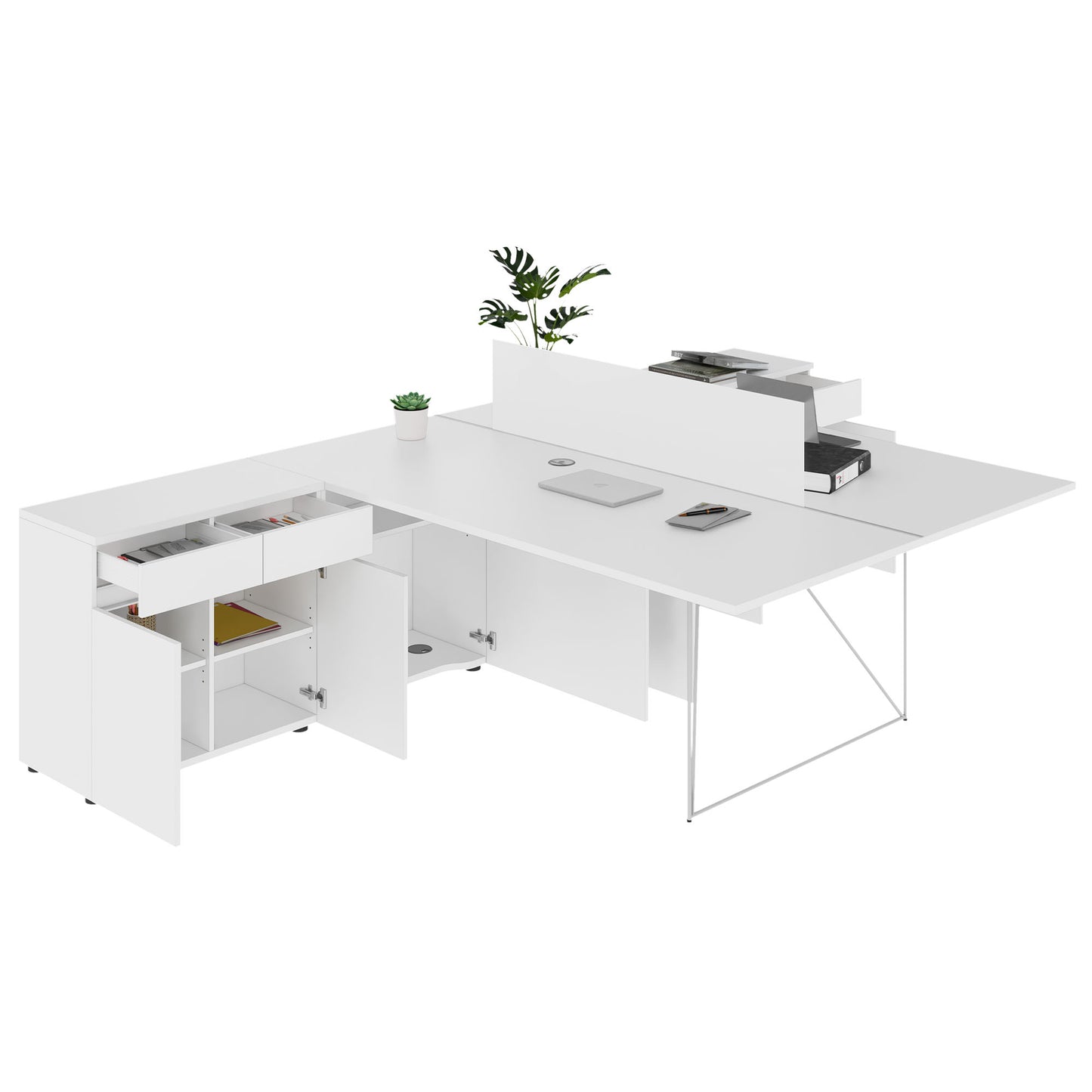 AIR DUO Desk del team con sideboard | 1600 - 2000 x 3200 mm, elettrificato, bianco