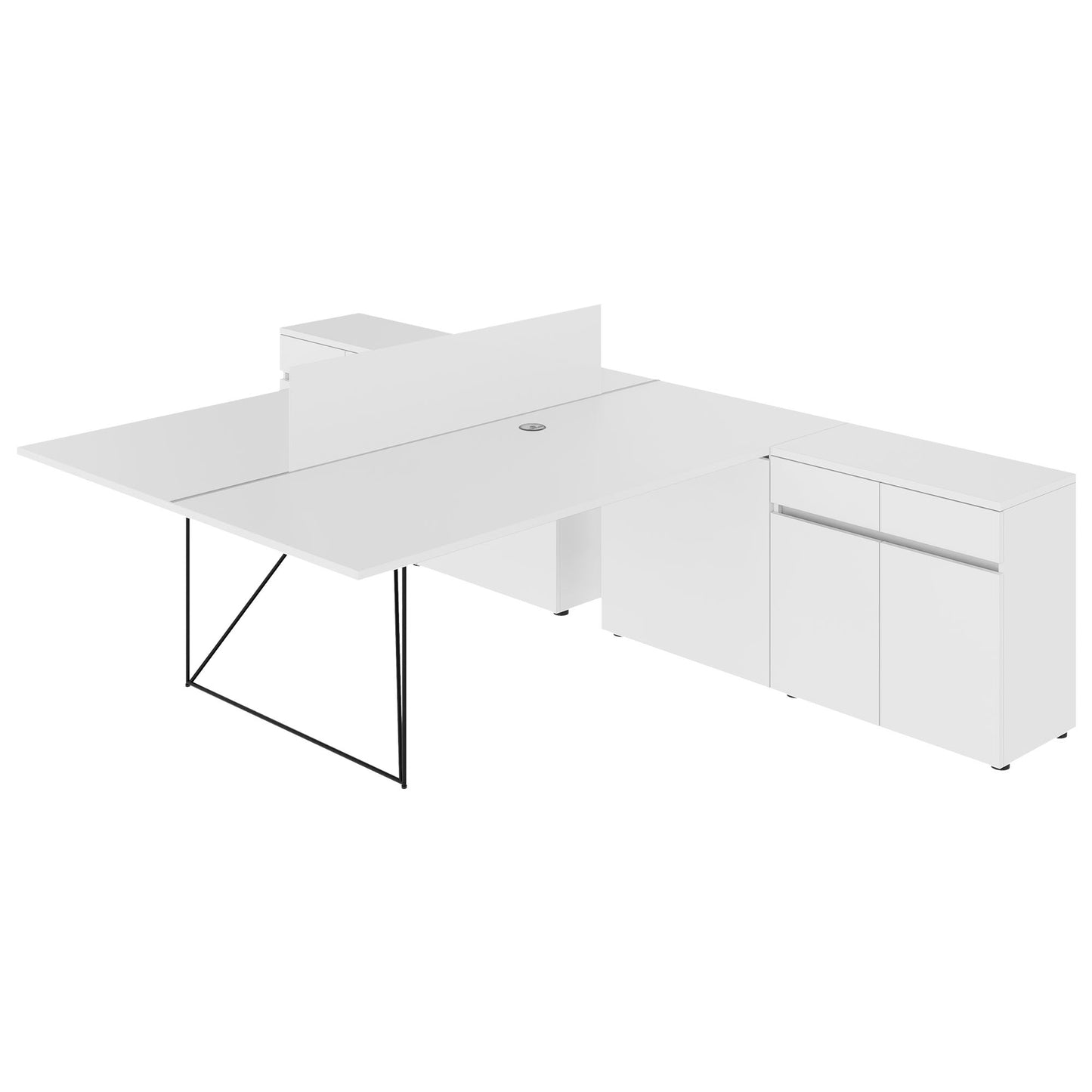 AIR DUO Desk del team con sideboard | 1600 - 2000 x 3200 mm, elettrificato, bianco