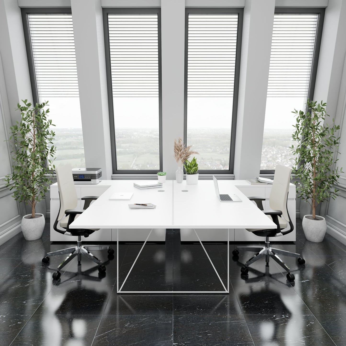 AIR DUO Desk del team con sideboard | 1600 - 2000 x 3200 mm, elettrificato, bianco