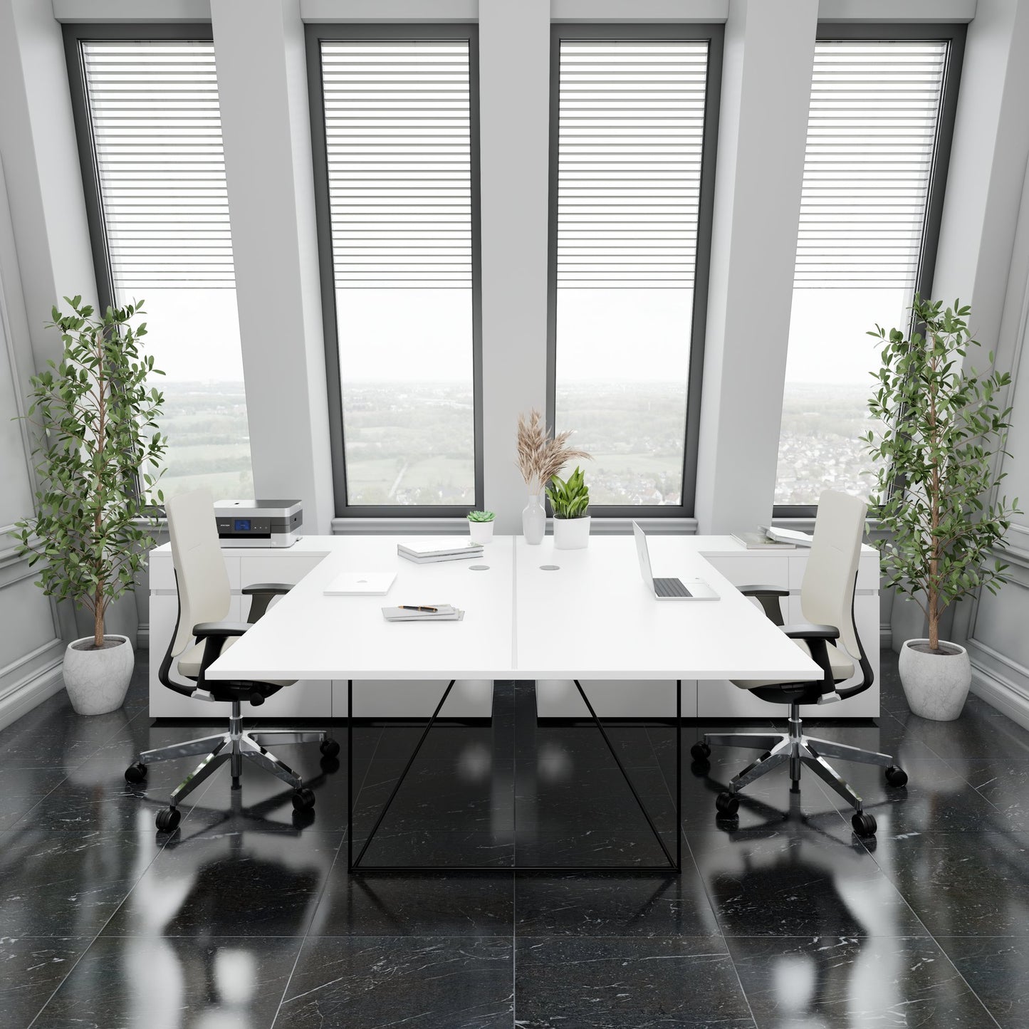 AIR DUO Desk del team con sideboard | 1600 - 2000 x 3200 mm, elettrificato, bianco
