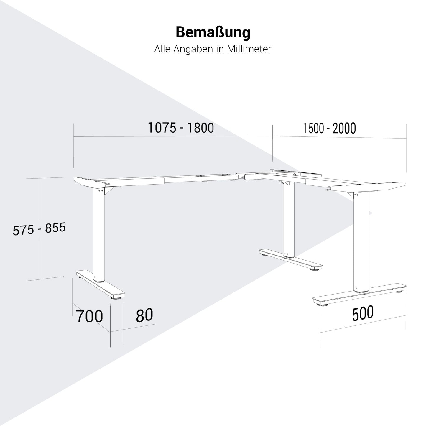 Cadre de table d'angle d'échelle | 1075 - 1800 x 1075 - 1800 mm, réglable manuellement à hauteur, blanc