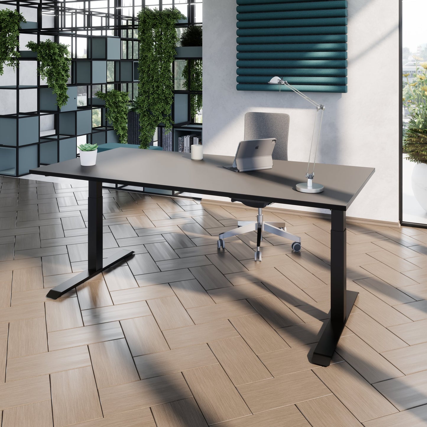 TELDRA Pro, Bureau à 2 moteurs | 1600 - 2000 mm, réglable à hauteur électrique, charbon de bois en linoléum