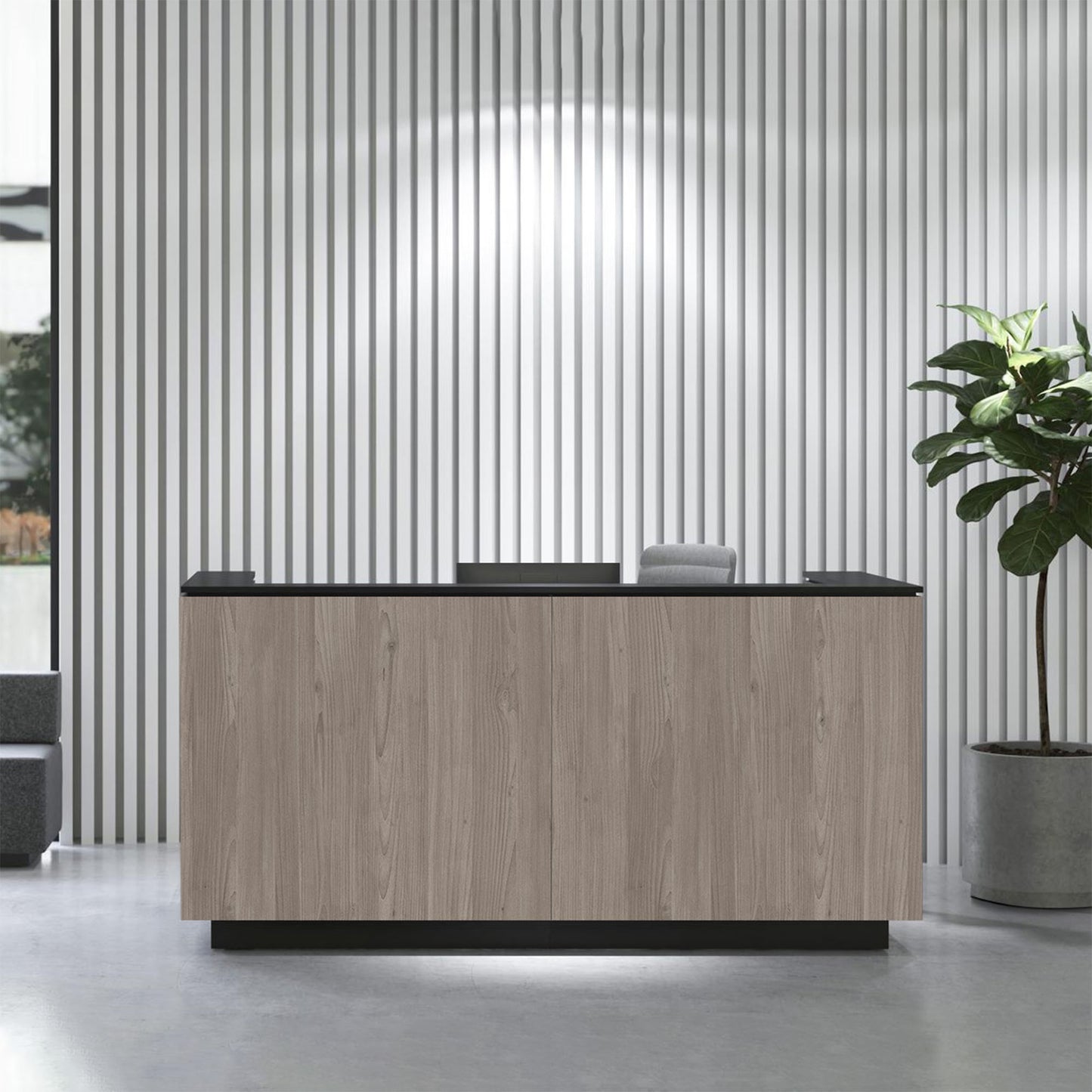 ICE reception desk | 2204 x 1022 mm, gray northern oak