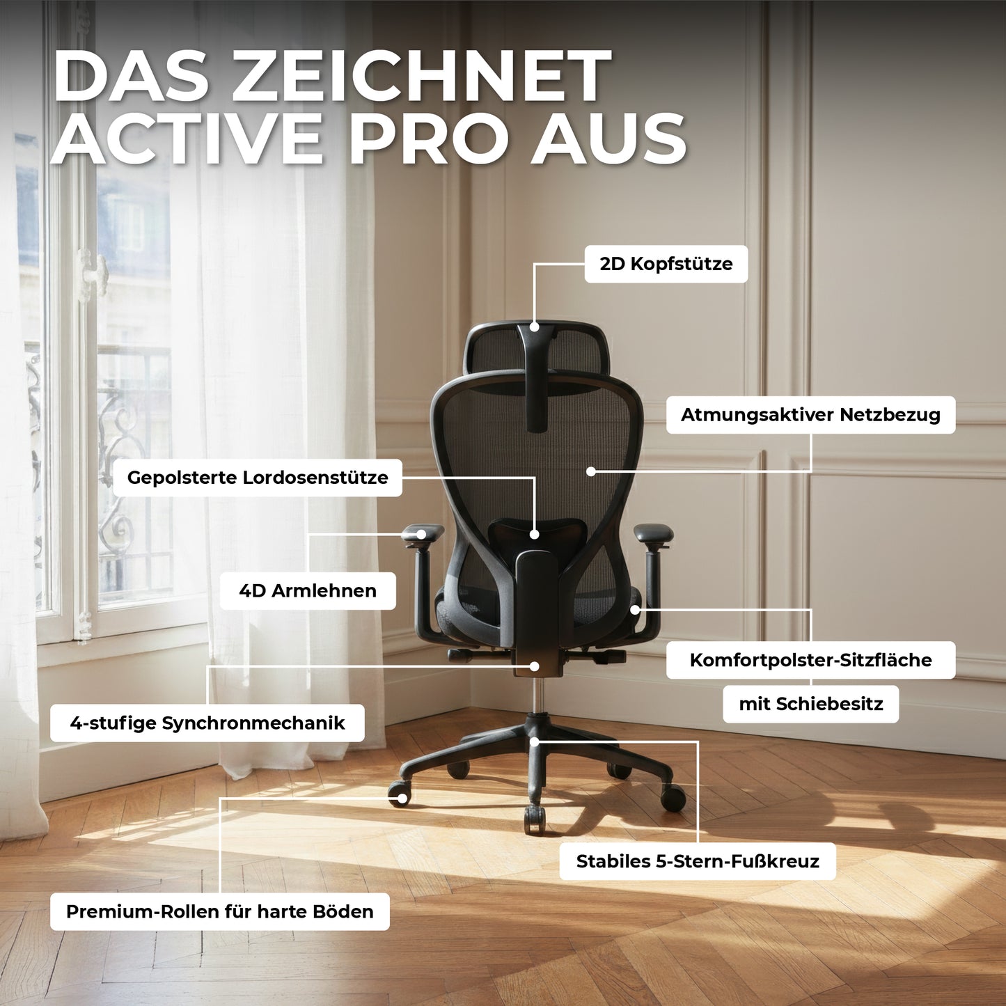 ACTIVE PRO Bürodrehstuhl | Synchronmechanik, 4D-Armlehnen, Grau