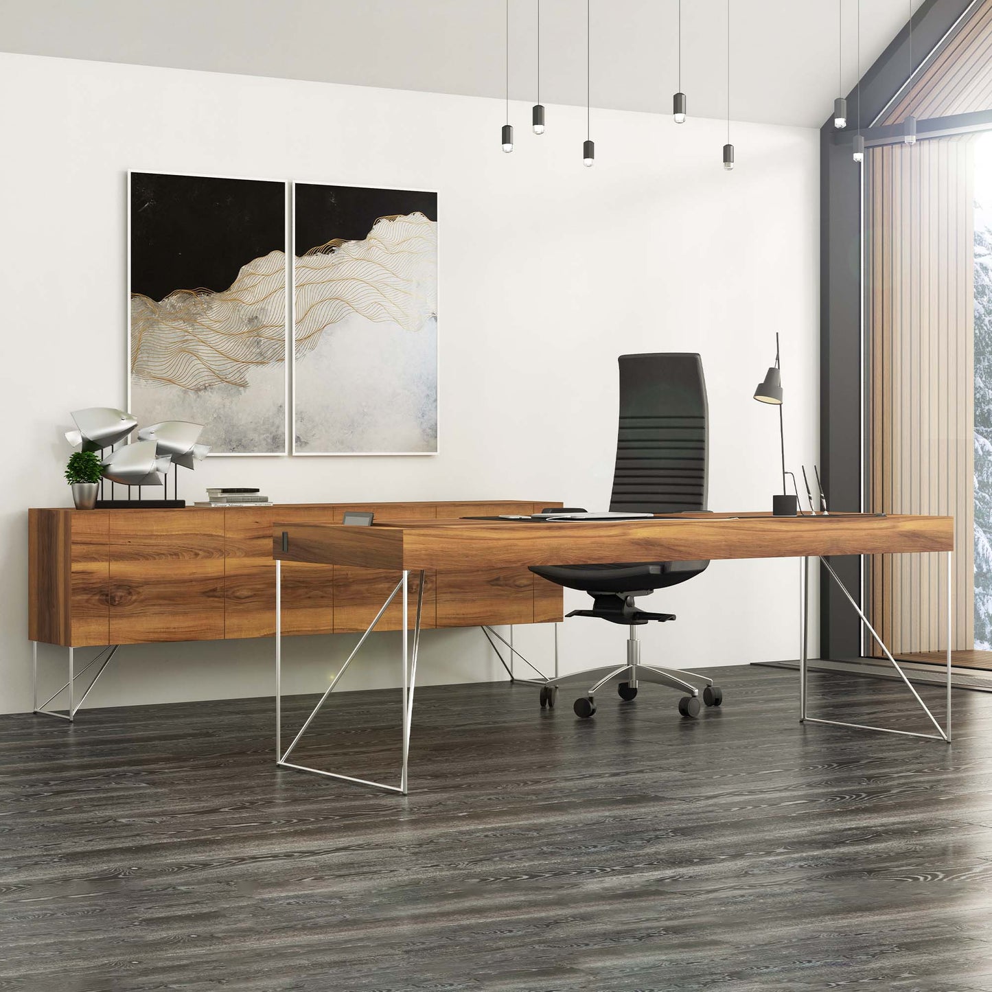 AIR executive desk | 2200 x 800 mm, integrated drawers, walnut veneer