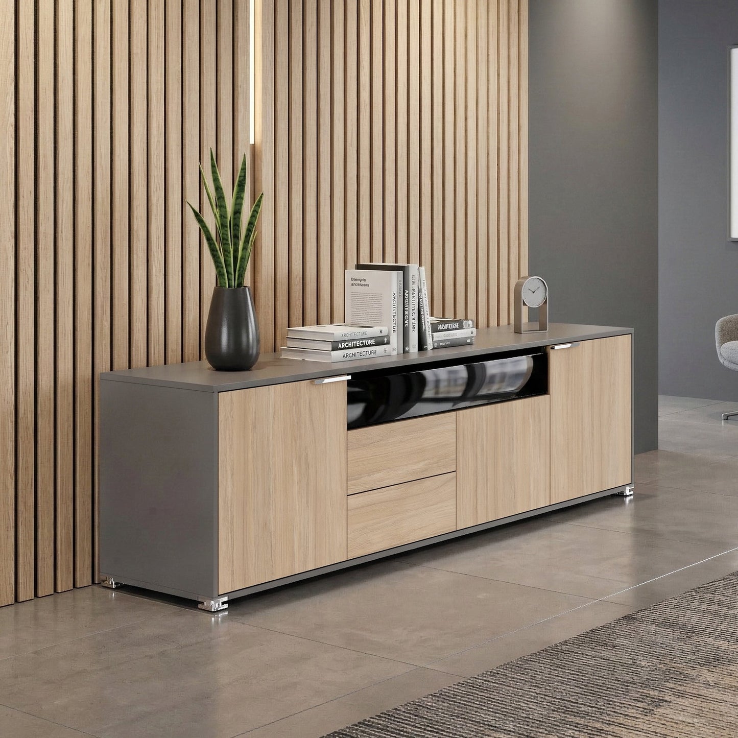 ARCOSIA Sideboard | 2215 x 615 mm, Schublade mit Glasfront, Push-to-Openpen