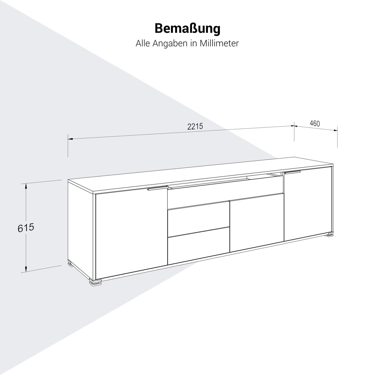 ARCOSIA Sideboard | 2215 x 615 mm, Schublade mit Glasfront, Push-to-Openpen