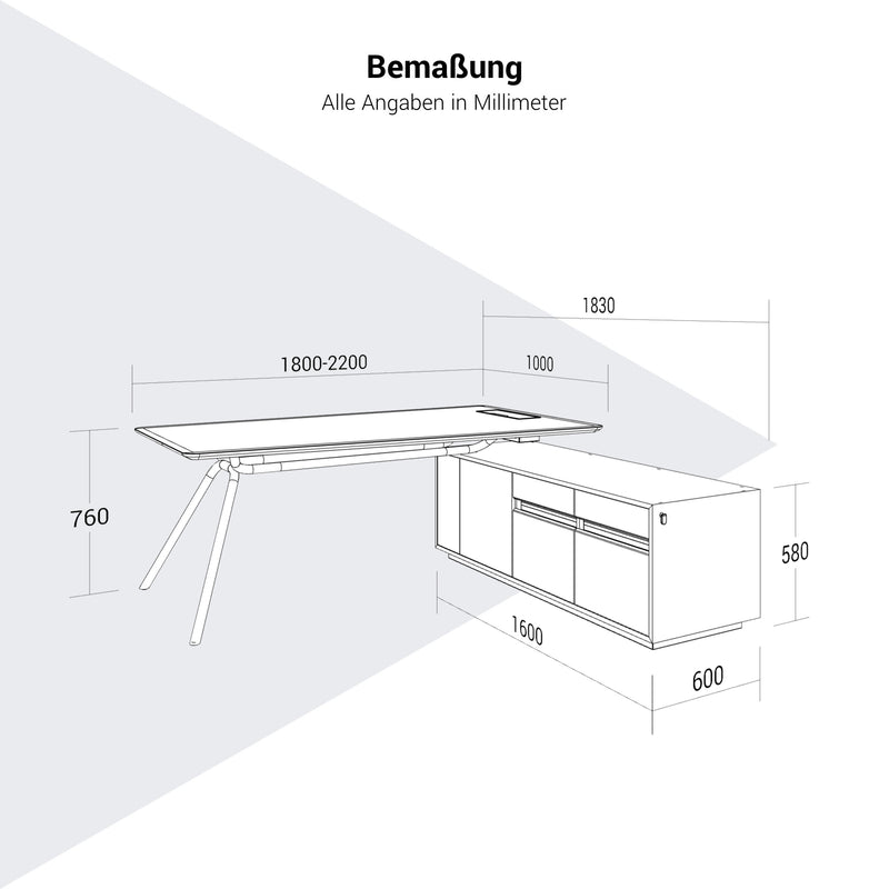ARQUS Chefschreibtisch | 1930-2330 x 760 mm, Integriertes Sideboard, Echtholzfurnier - 20 Main Image