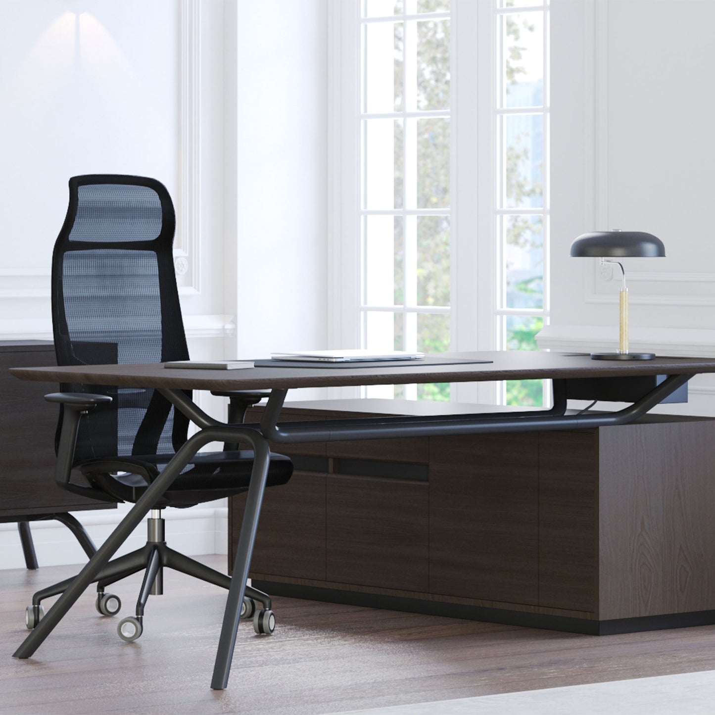 ARQUS Chefschreibtisch | 1930-2330 x 760 mm, Integriertes Sideboard, Echtholzfurnier