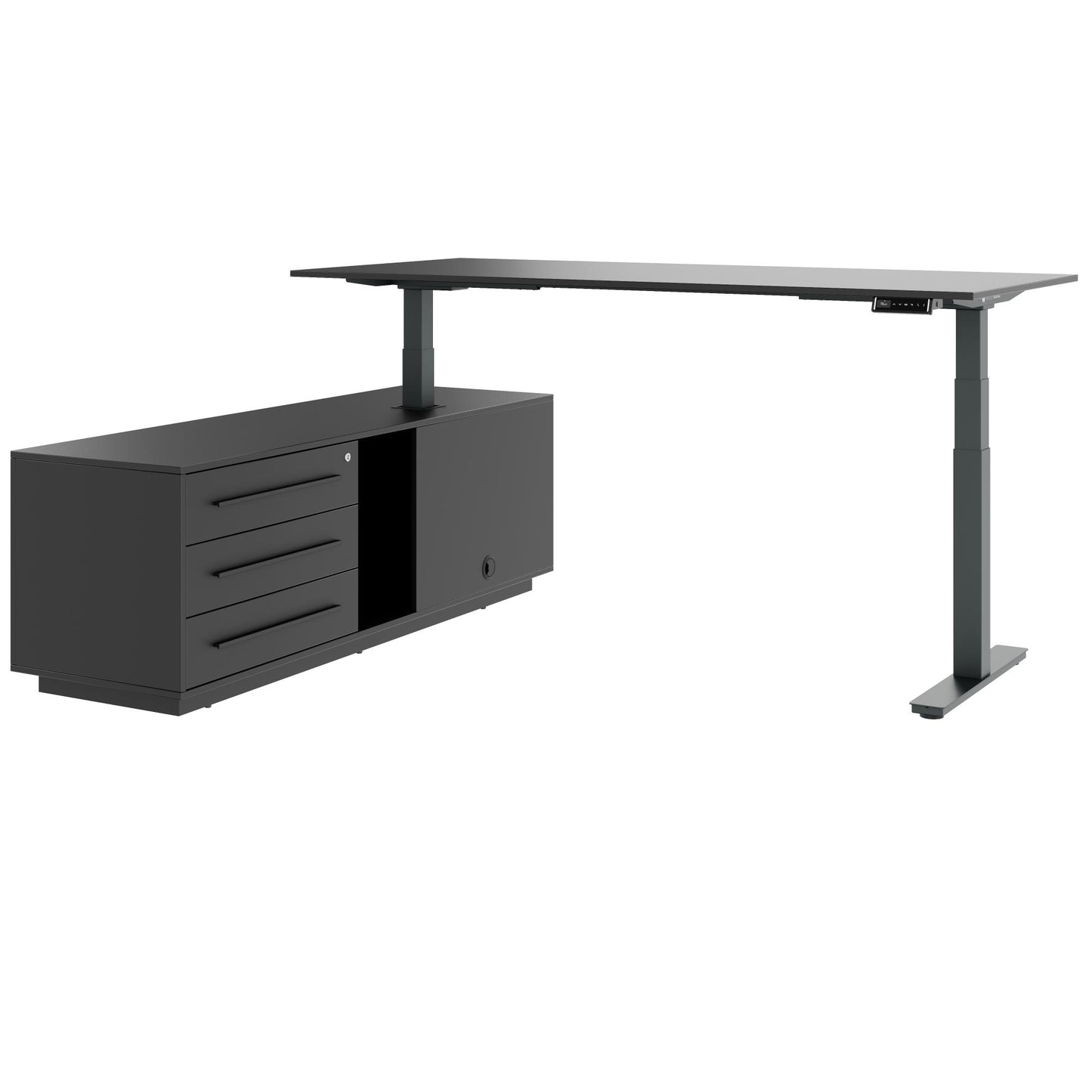 ART Chief desk with sideboard | 2240 x 1800 mm, electrically height adjustable, dark gray