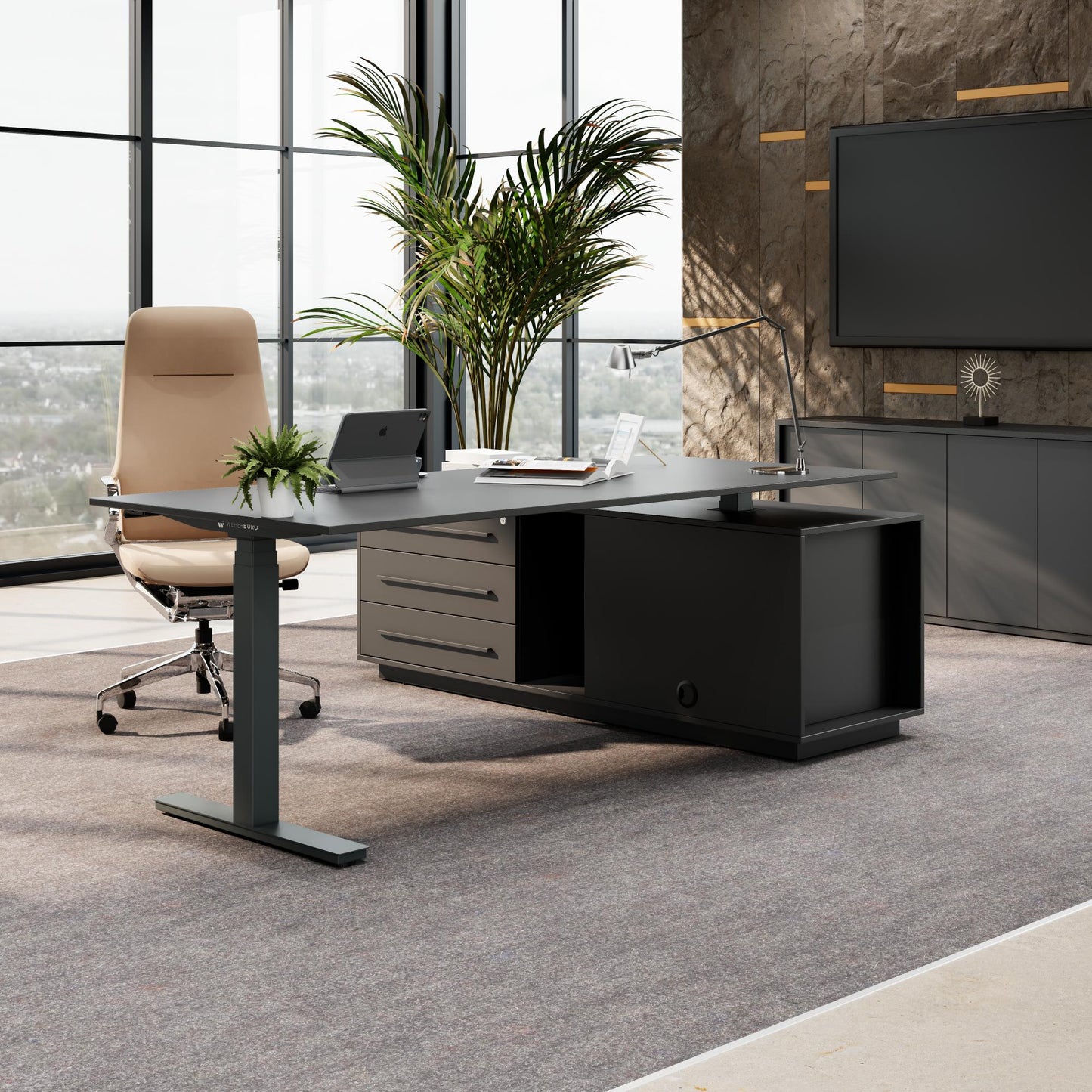 ART Chief desk with sideboard | 2240 x 1800 mm, electrically height adjustable, dark gray