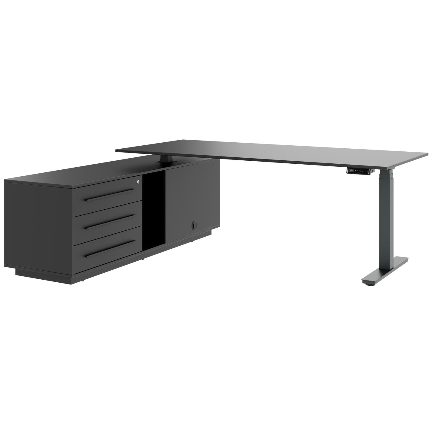 ART Chief desk with sideboard | 2240 x 1800 mm, electrically height adjustable, dark gray