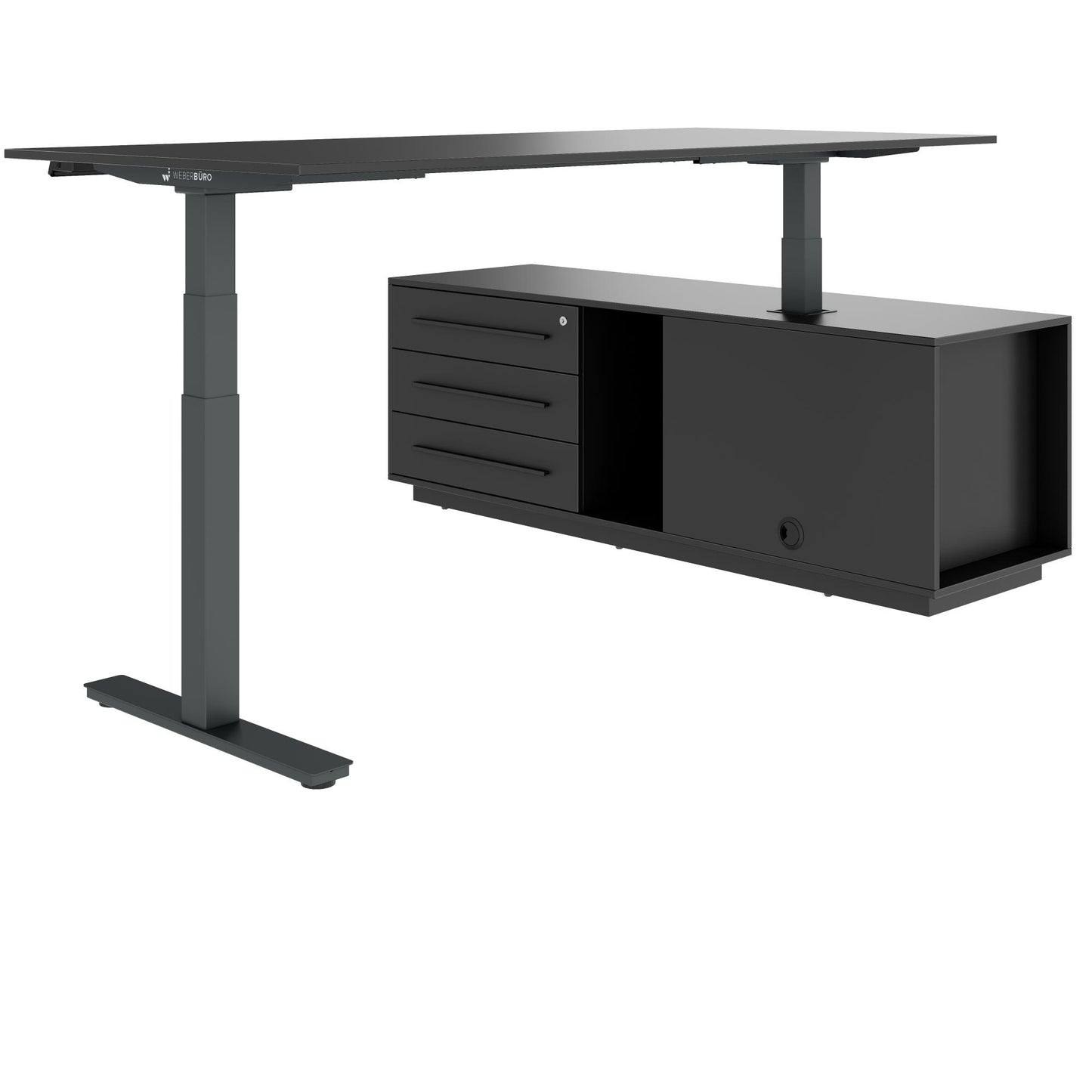 ART Chief desk with sideboard | 2240 x 1800 mm, electrically height adjustable, dark gray