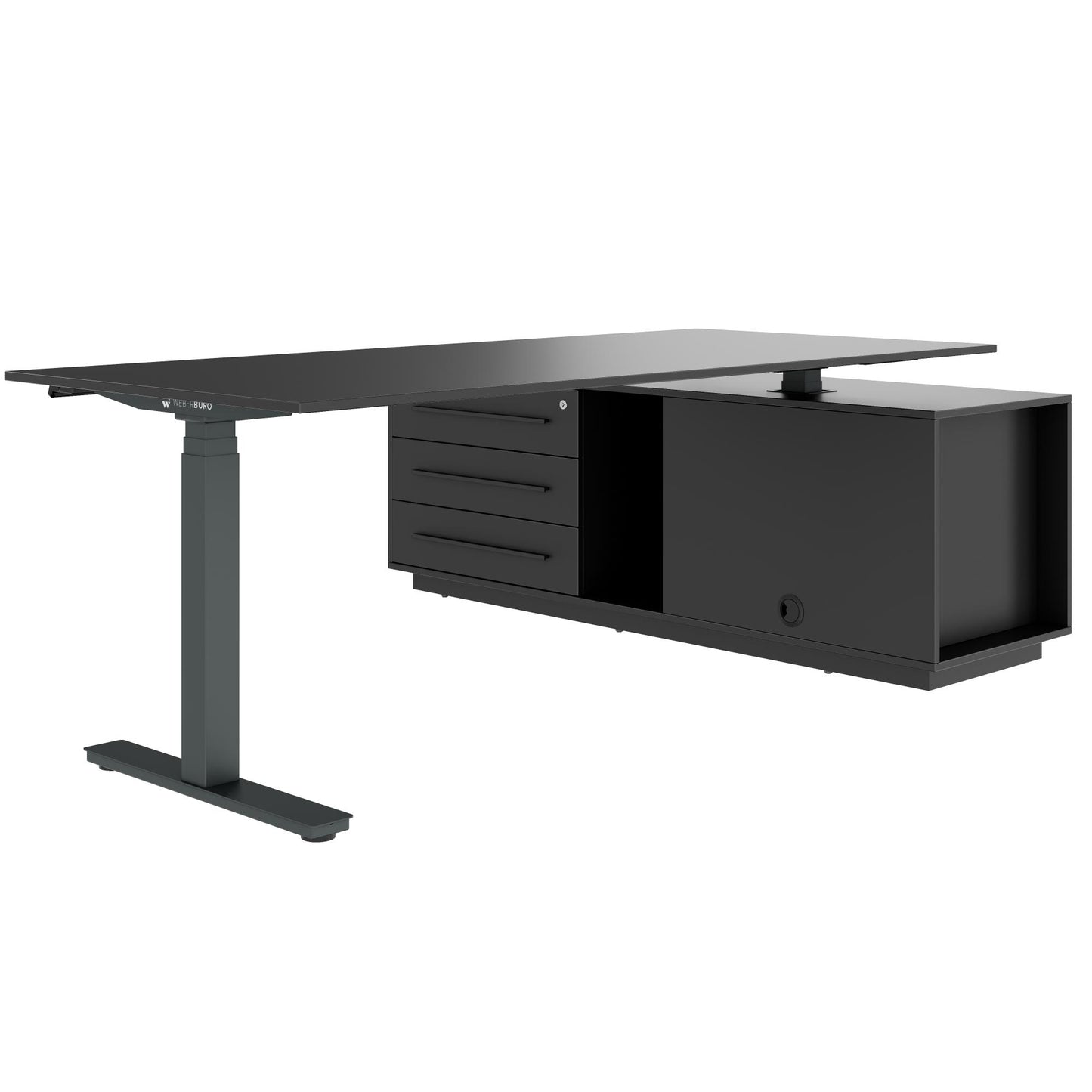 ART Chief desk with sideboard | 2240 x 1800 mm, electrically height adjustable, dark gray