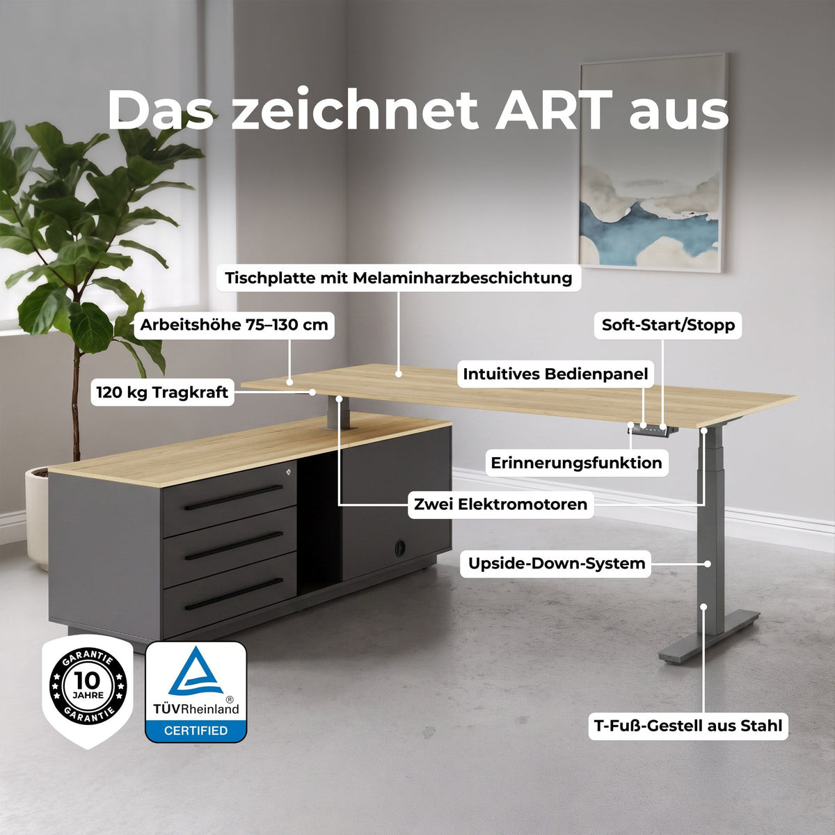 ART Chef-Schreibtisch mit Sideboard | 2130 x 1800 mm, elektrisch höhenverstellbar, Wildeiche