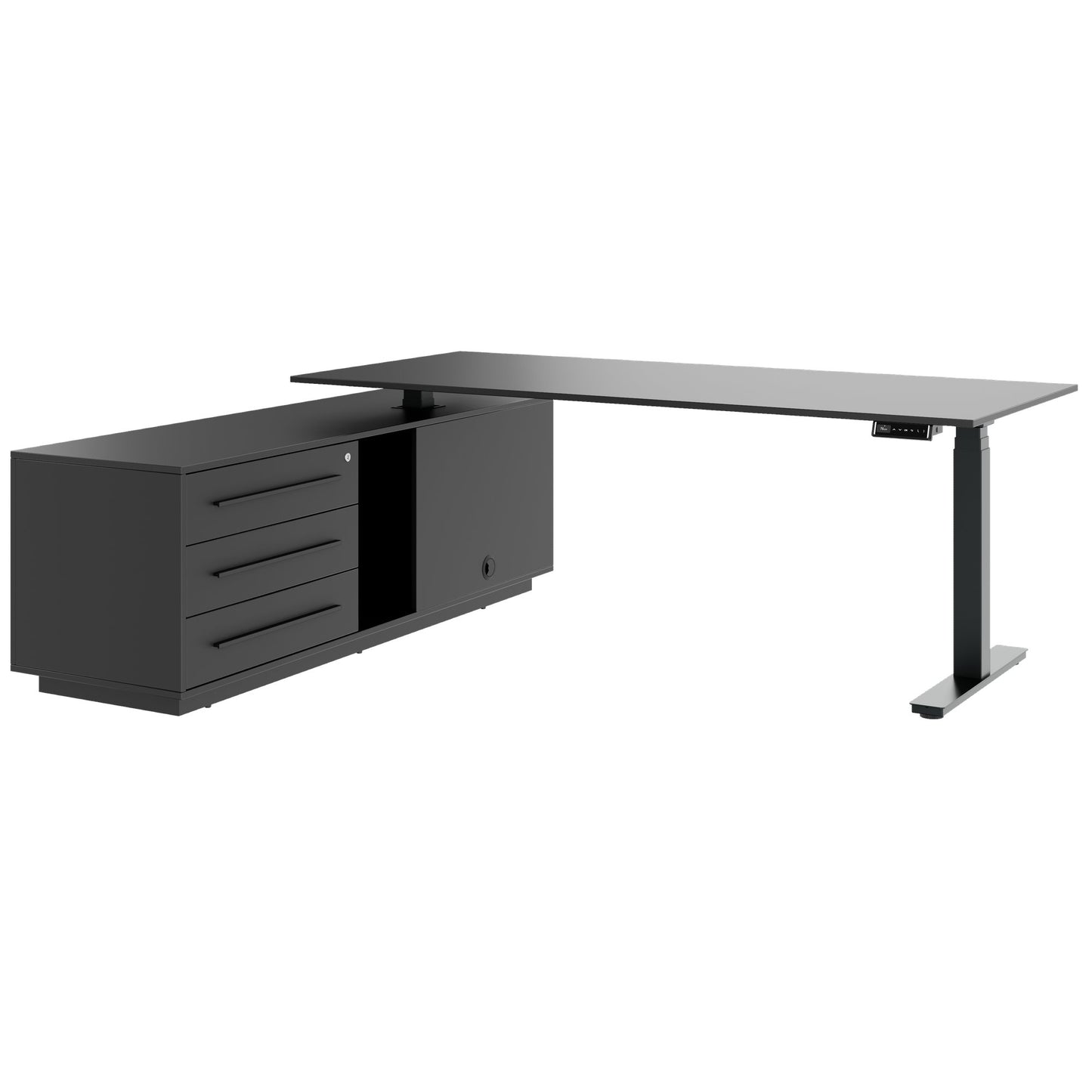 ART Chief desk with sideboard | 2240 x 1800 mm, electrically height adjustable, anthracite