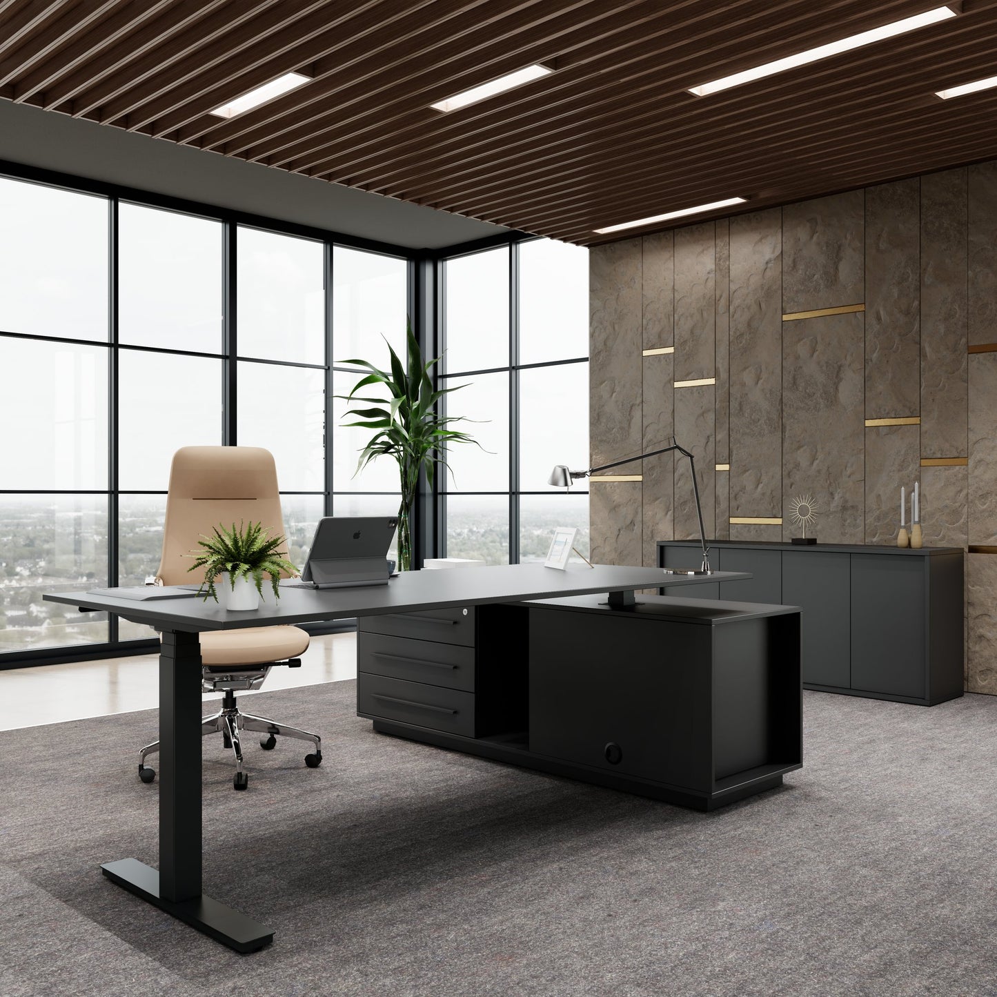 ART Chef-Schreibtisch mit Sideboard | 2240 x 1800 mm, elektrisch höhenverstellbar, Dunkelgrau