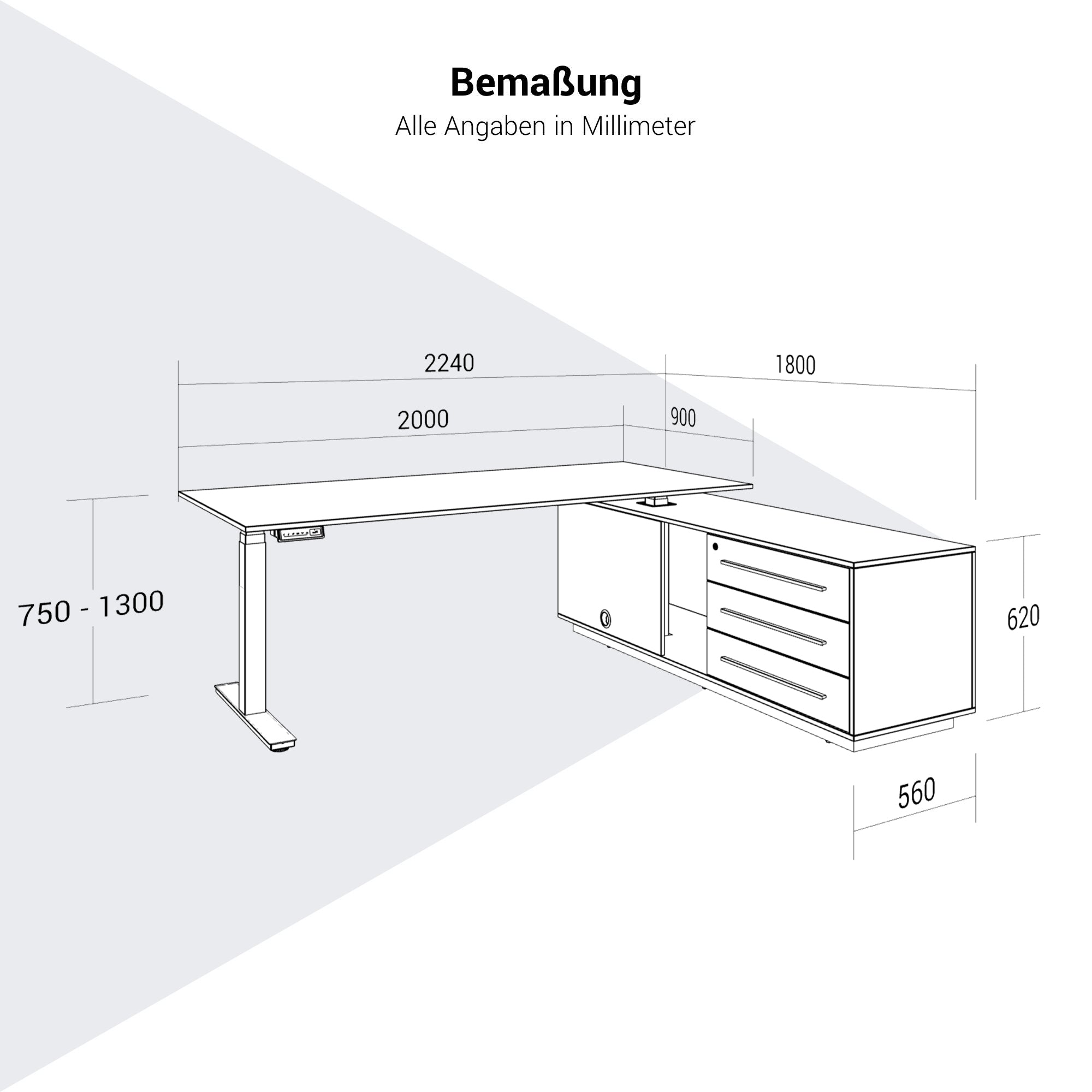 ART Chef-Schreibtisch mit Sideboard | 2240 x 1800 mm, elektrisch höhenverstellbar, Wildeiche