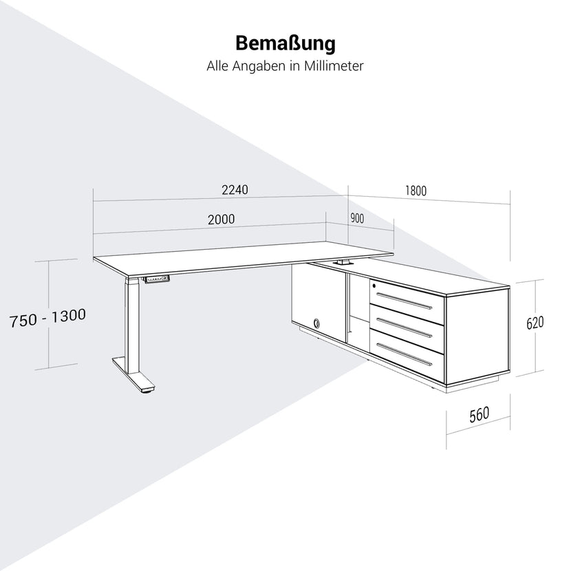 ART Chef-Schreibtisch mit Sideboard | 2240 x 1800 mm, elektrisch höhenverstellbar, Wildeiche
