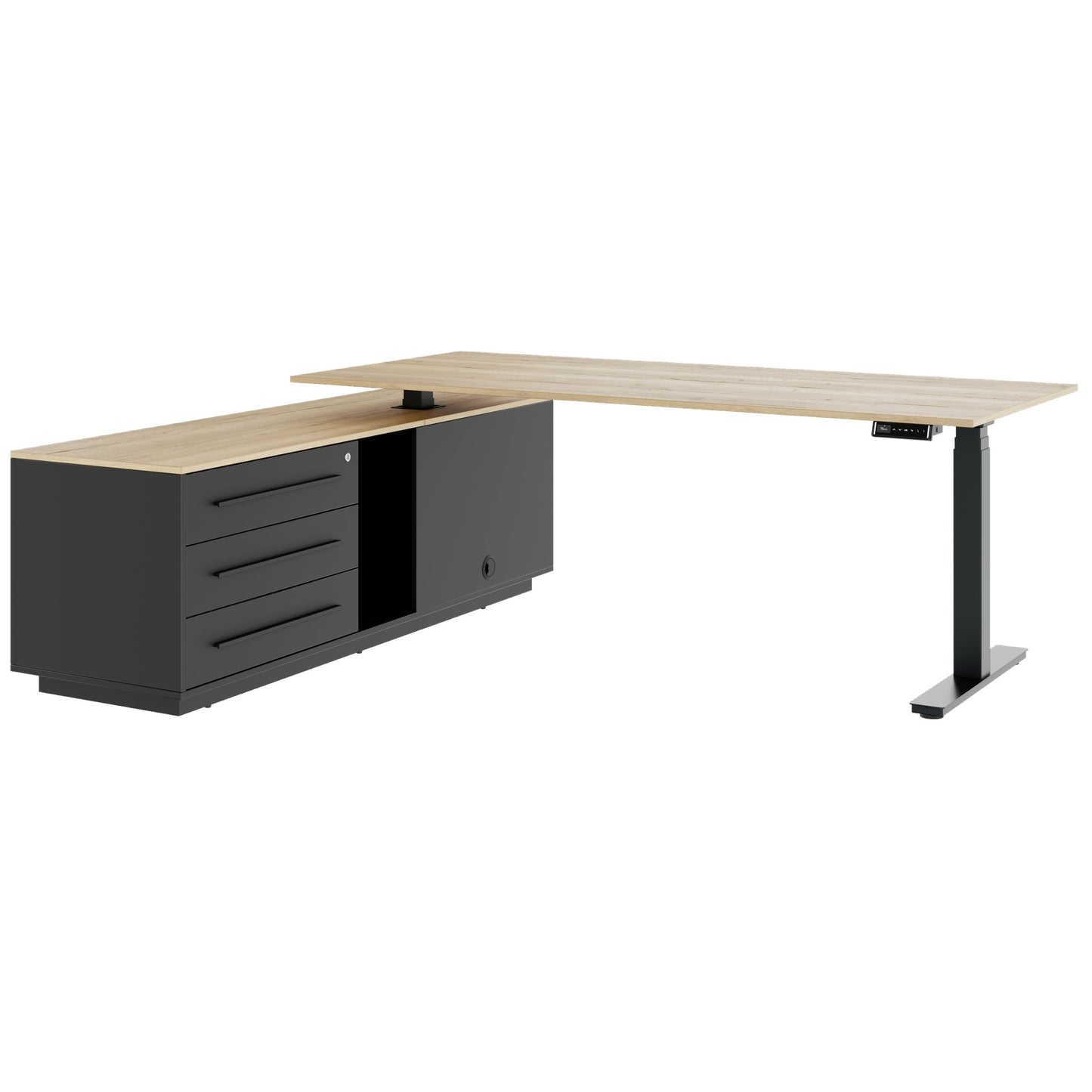 ART Chief desk with sideboard | 2240 x 1800 mm, electrically height adjustable, wild oak