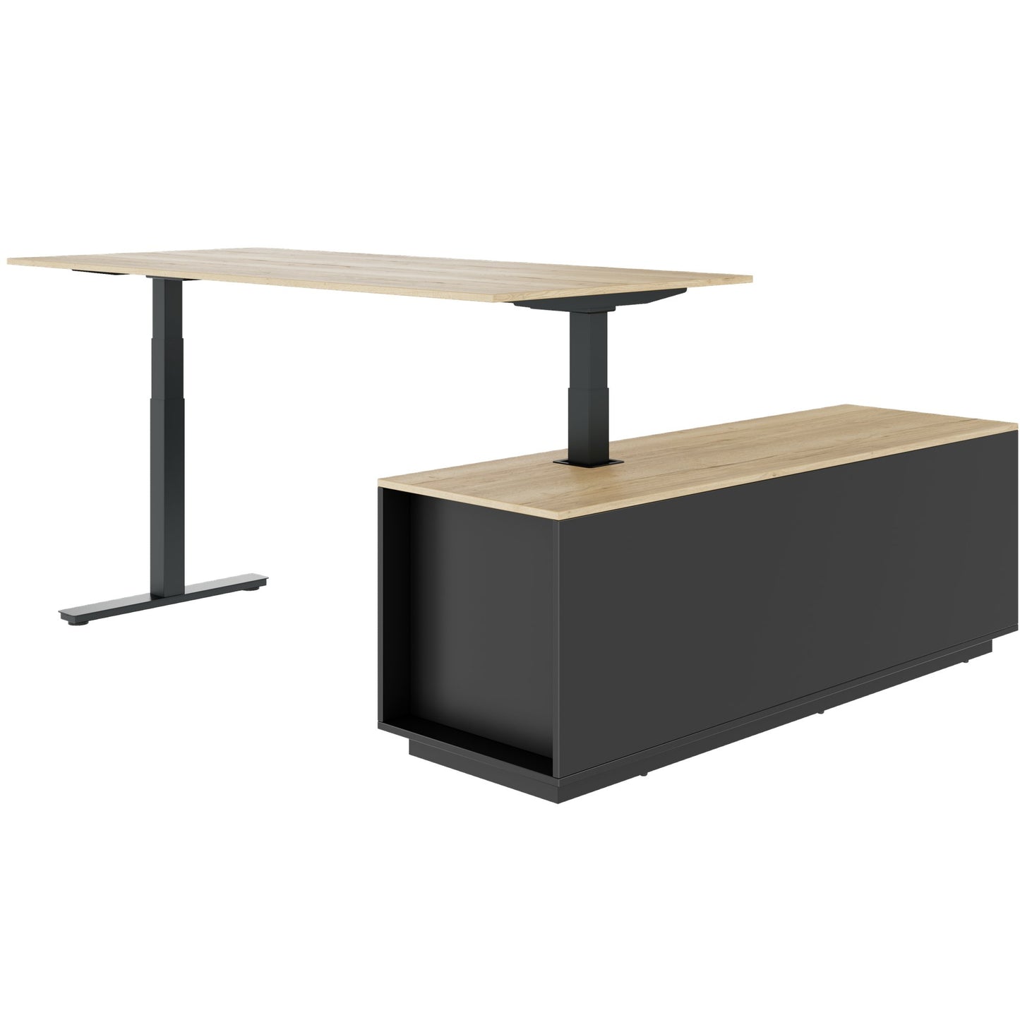 ART Chief desk with sideboard | 2240 x 1800 mm, electrically height adjustable, wild oak