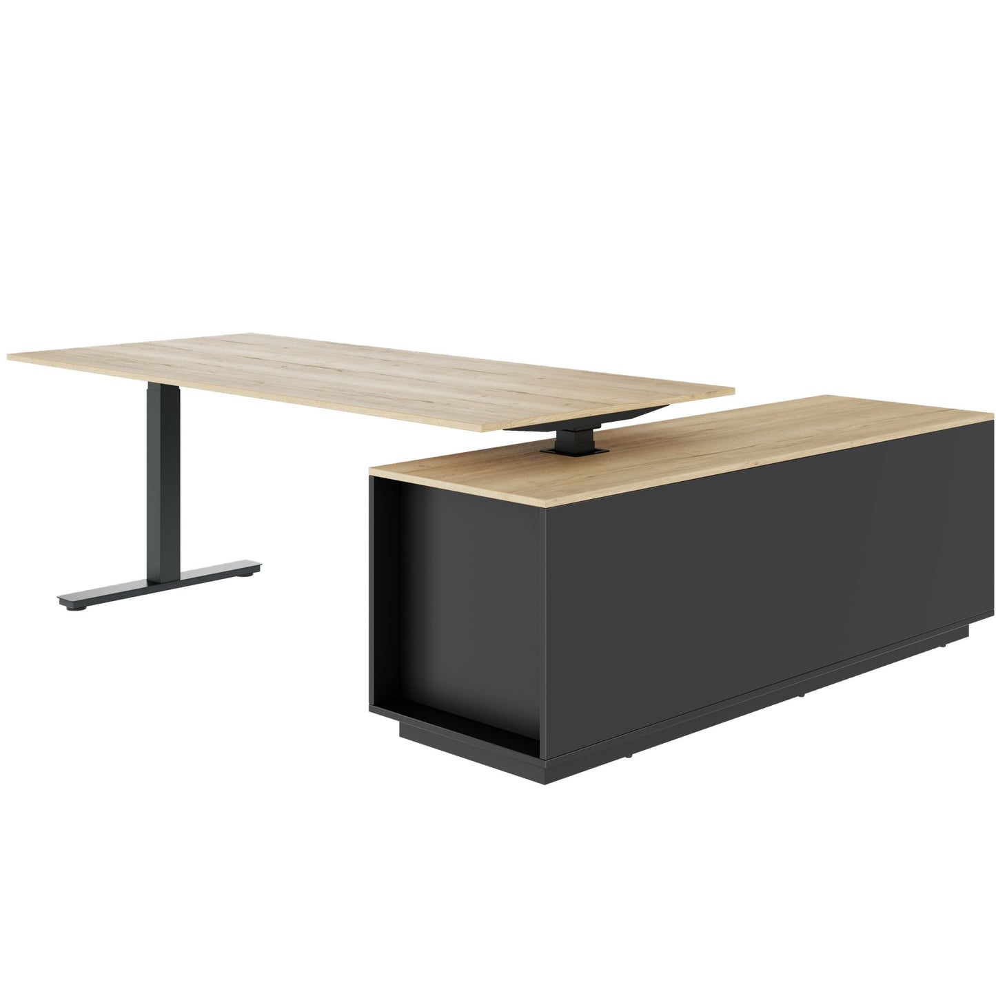 ART Chief desk with sideboard | 2240 x 1800 mm, electrically height adjustable, wild oak