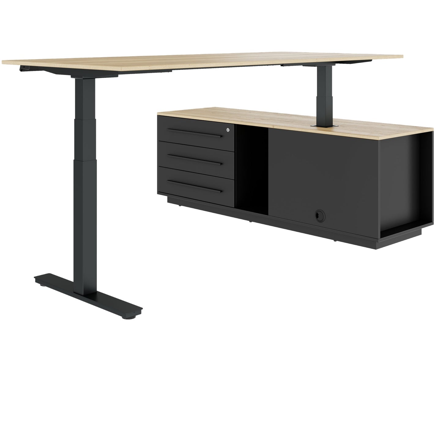 ART Chief desk with sideboard | 2240 x 1800 mm, electrically height adjustable, wild oak