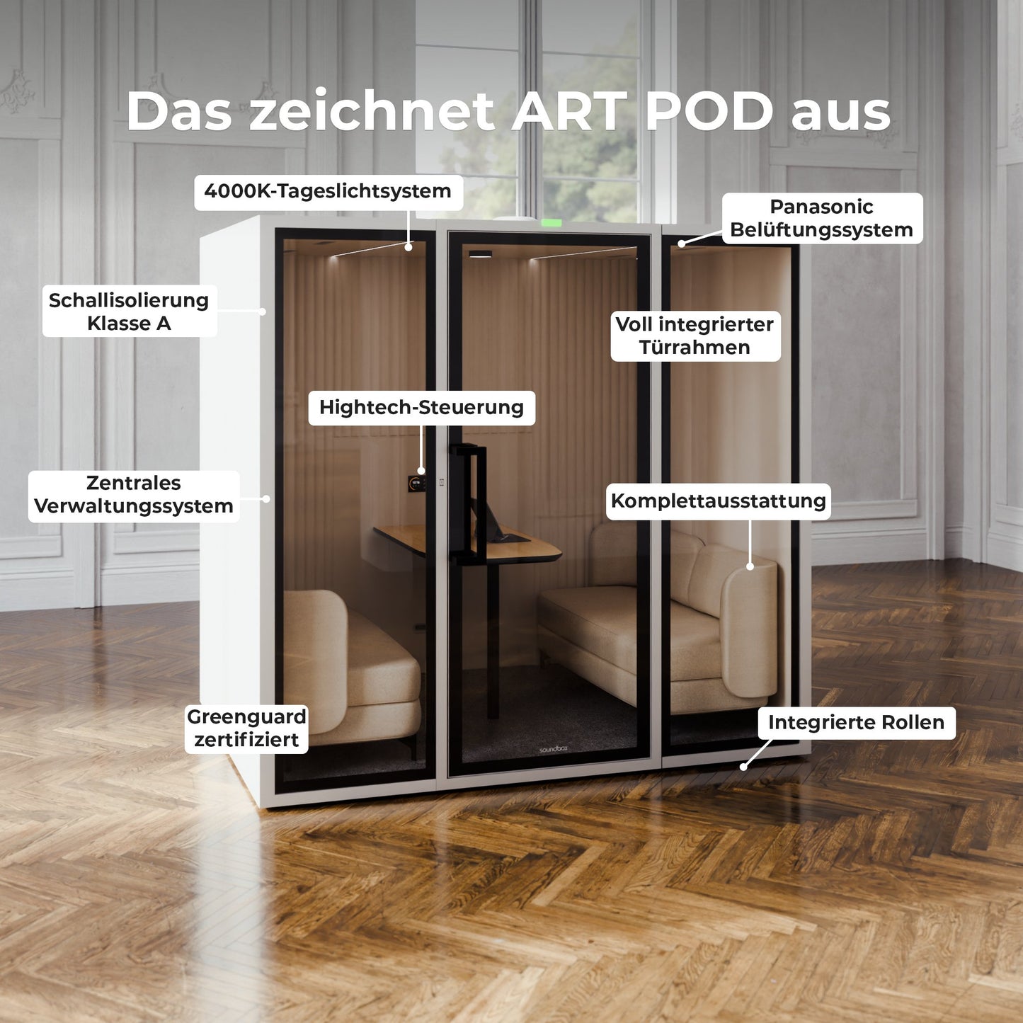 Soundbox ART POD L Meetingbox | Raum-in-Raum, Schallschutz Klasse A, Für 6 Personen