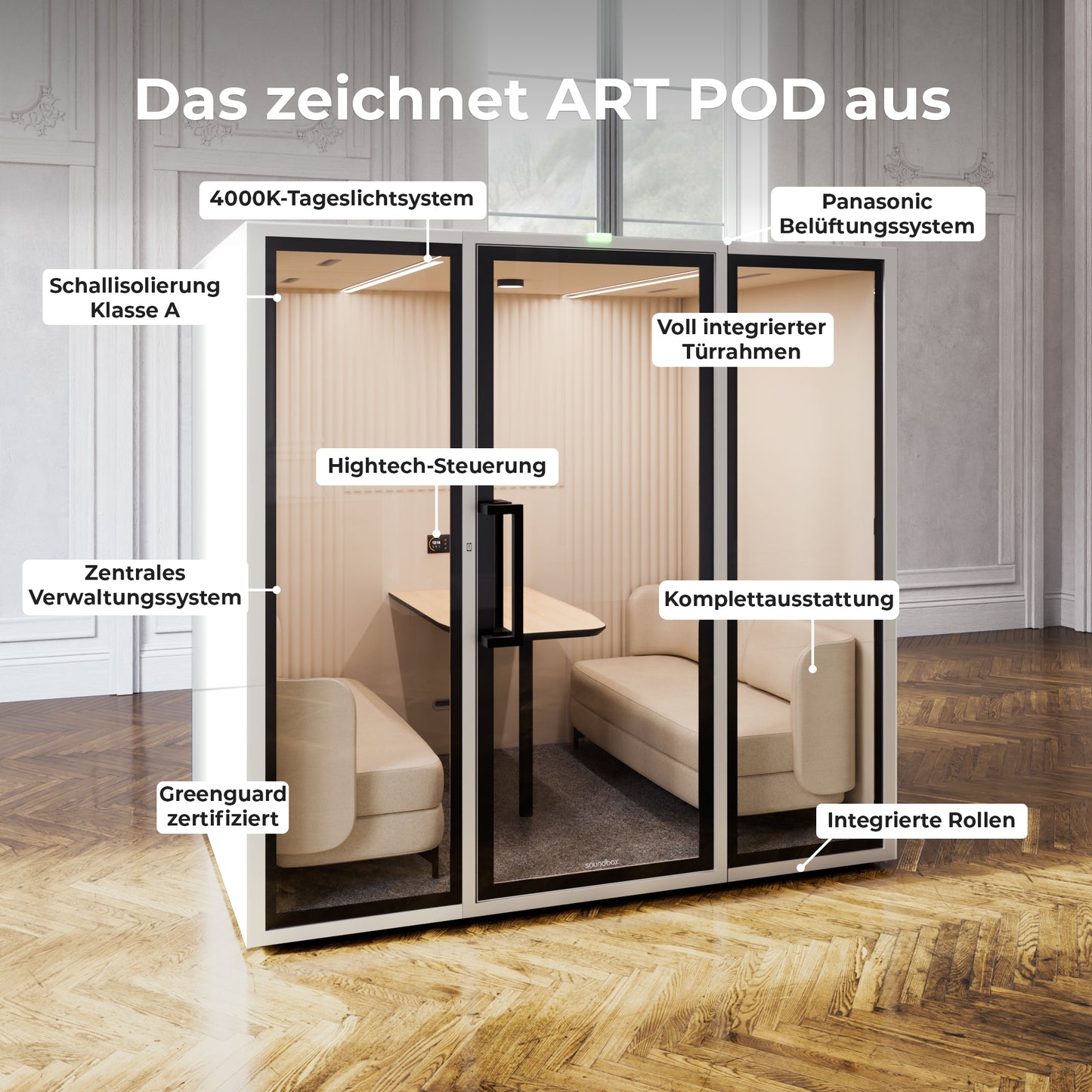 ART POD ML Meeting Box | Room-in-room, Class A soundproofing, for 4 people