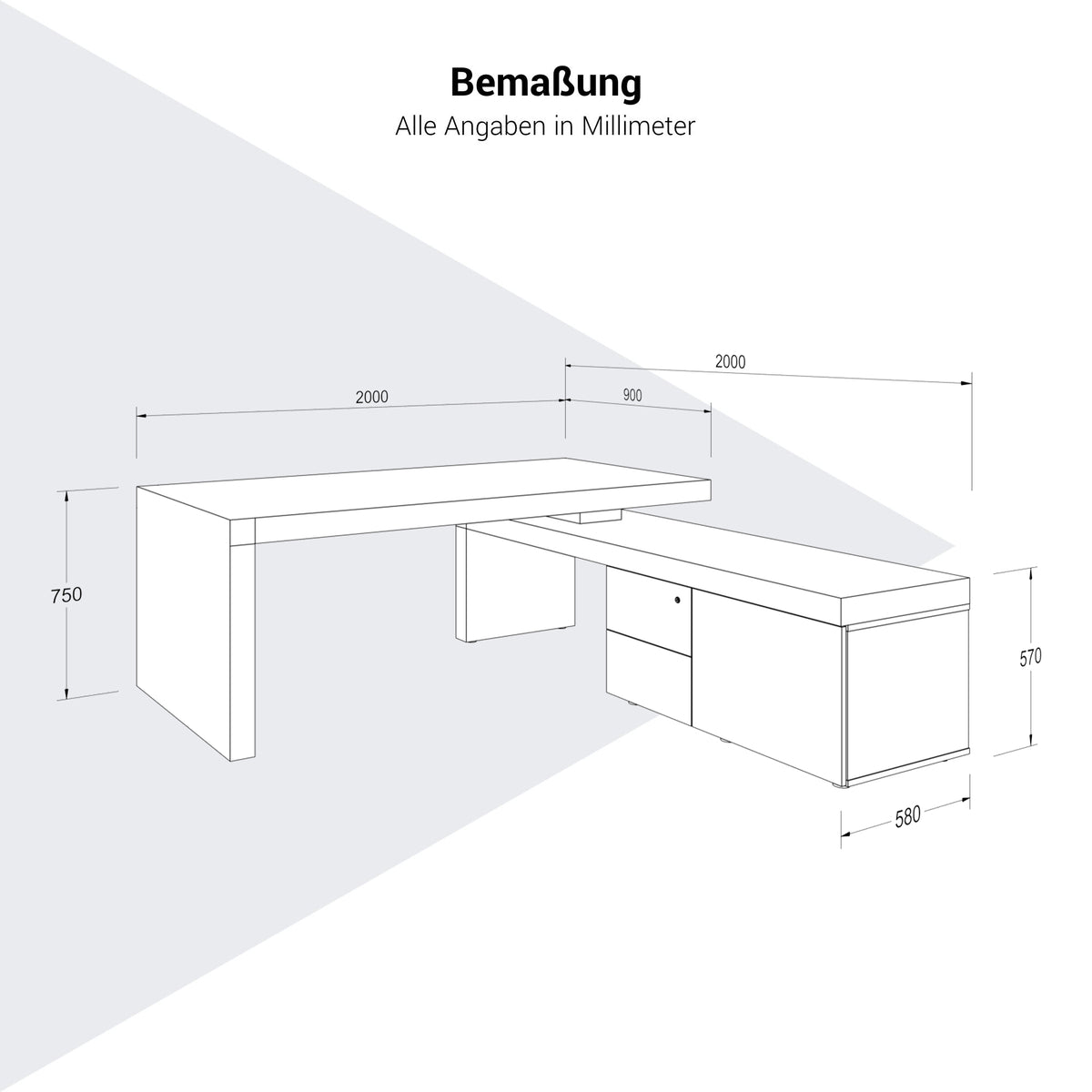 ATICA Chefschreibtisch | 2000 x 2000 mm, Integriertes  Lowboard - 9 Lightbox Main Image