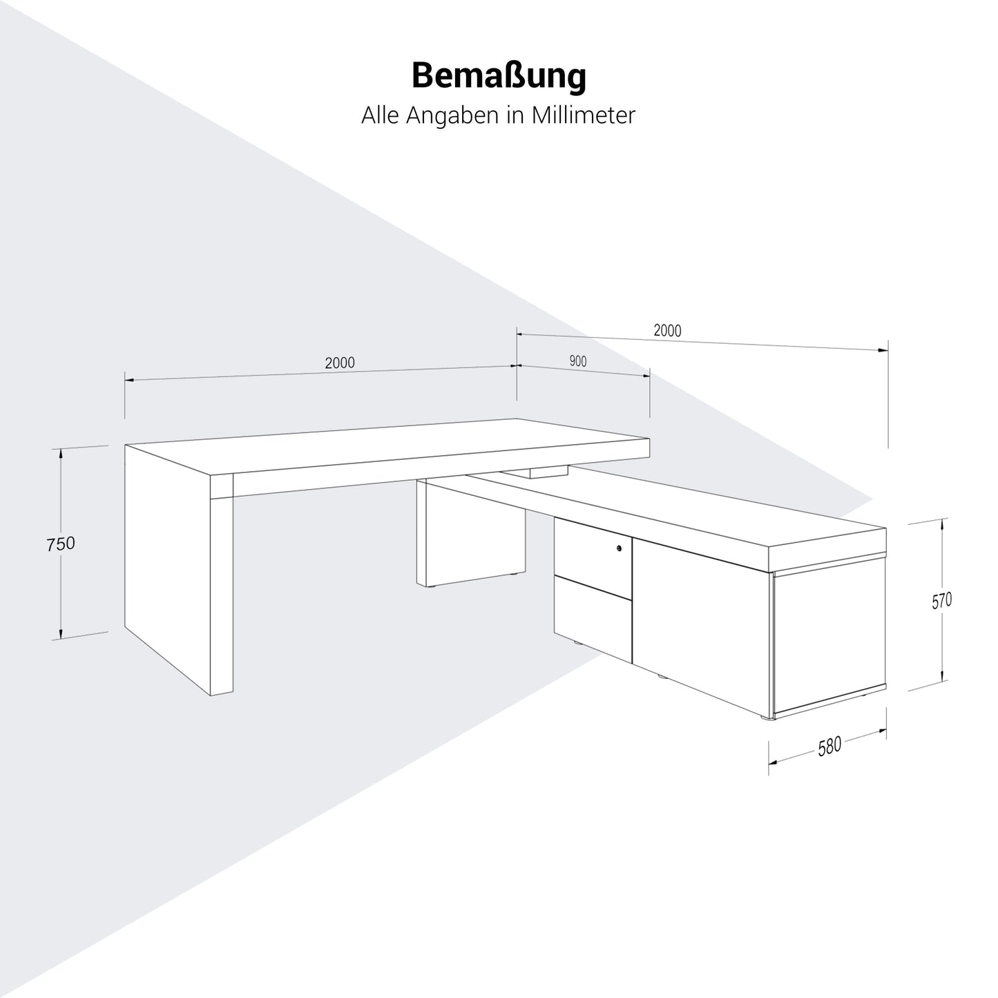 Scrivania da direttore ATICA | 2000 x 2000 mm, mobile basso integrato