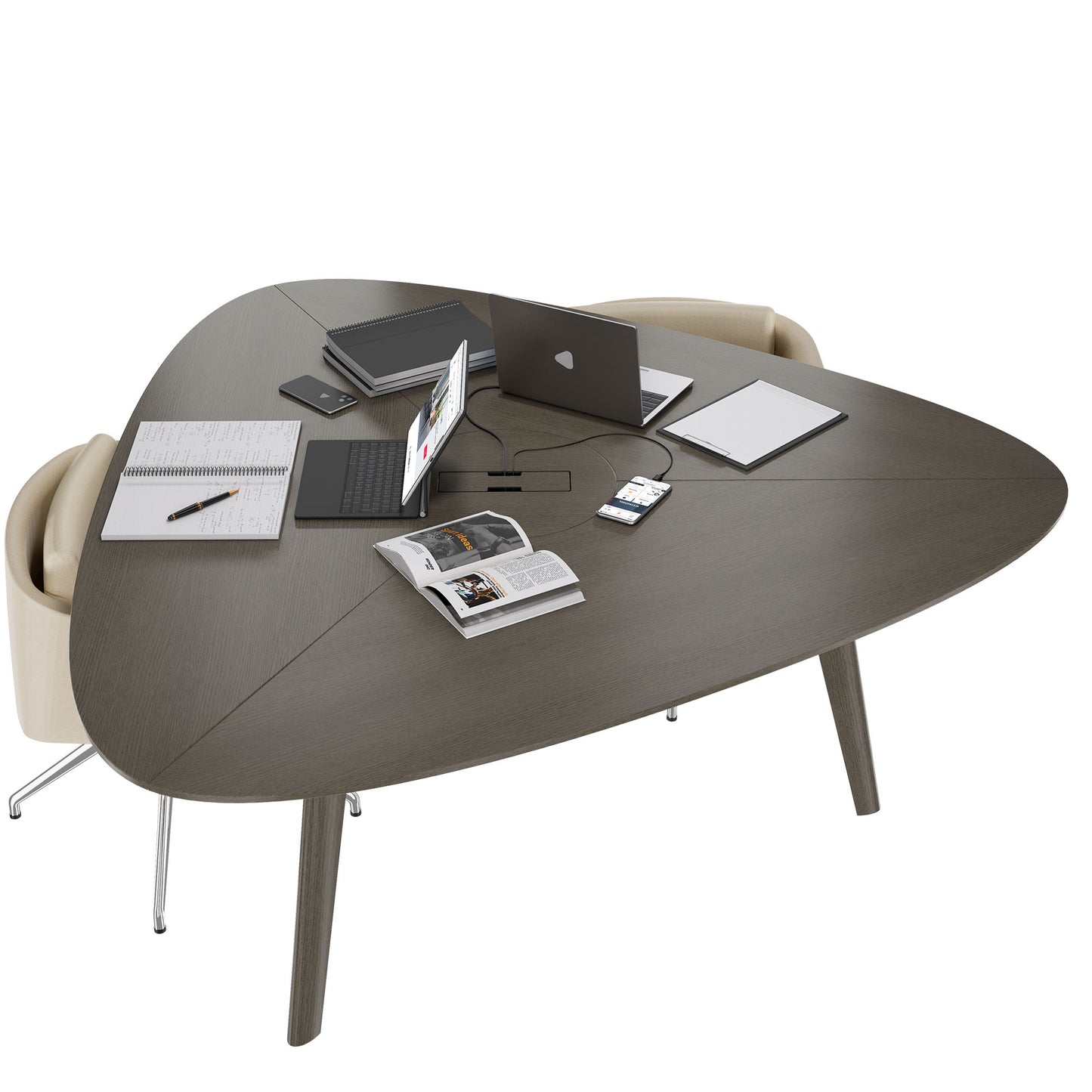 BRALCO RAIL meeting table | Triangular, 1794 x 1716 mm (6 people), real wood, dark gray oak