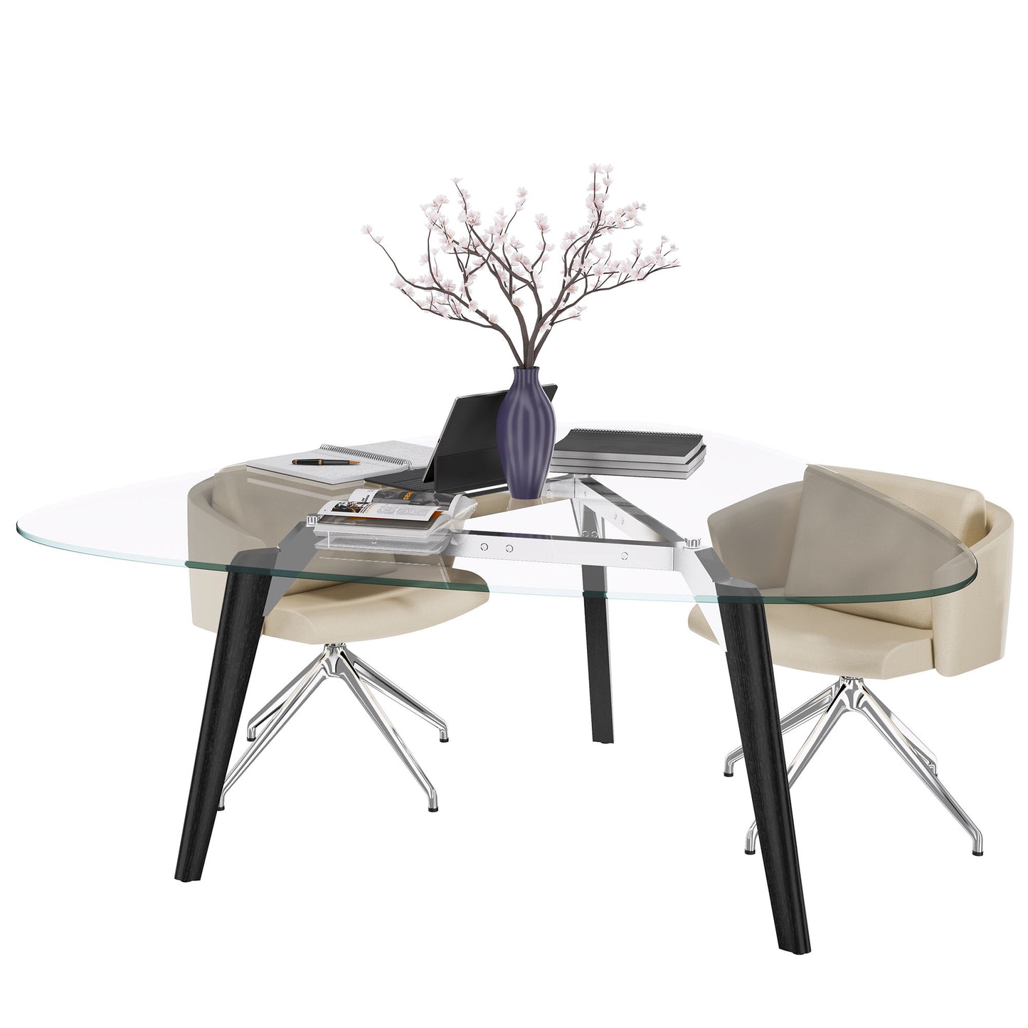 Bralco RAIL Tableau de réunion | Triangulaire, 1794 x 1716 mm (6 personnes), plaque de table en verre