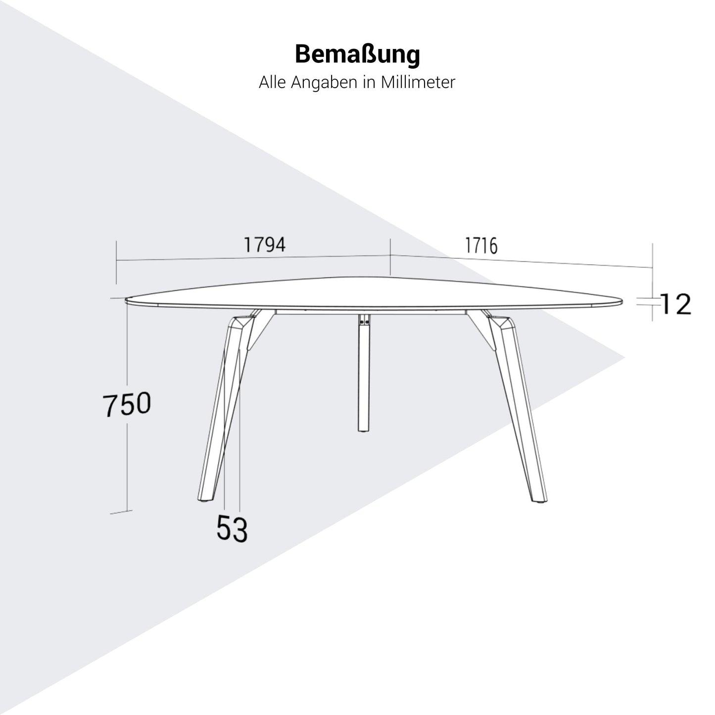 Bralco Rail Conference Table | Triangolare, 1794 x 1716 mm (6 persone), piastra da tavolo di vetro colorato