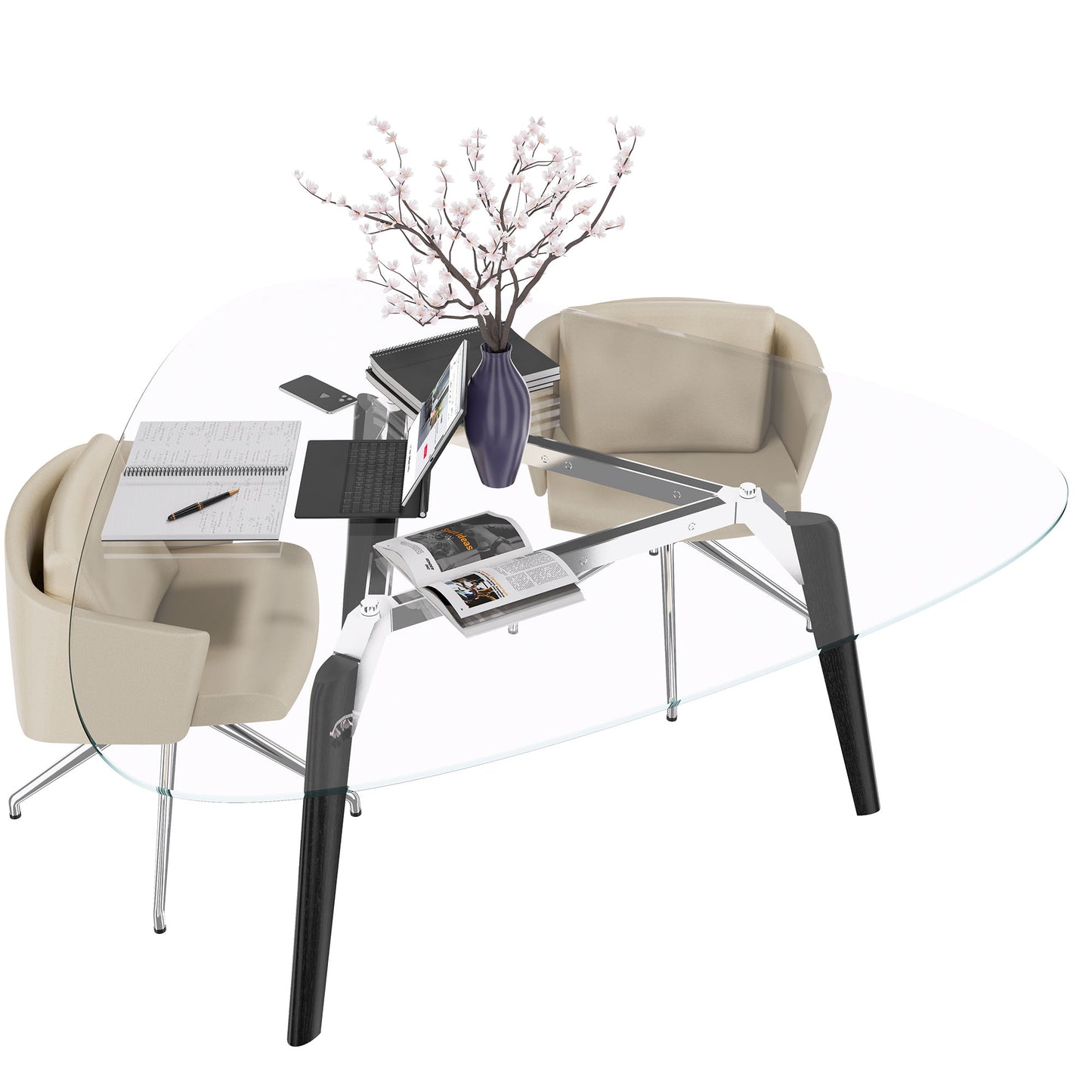 Bralco RAIL Tableau de réunion | Triangulaire, 1794 x 1716 mm (6 personnes), plaque de table en verre