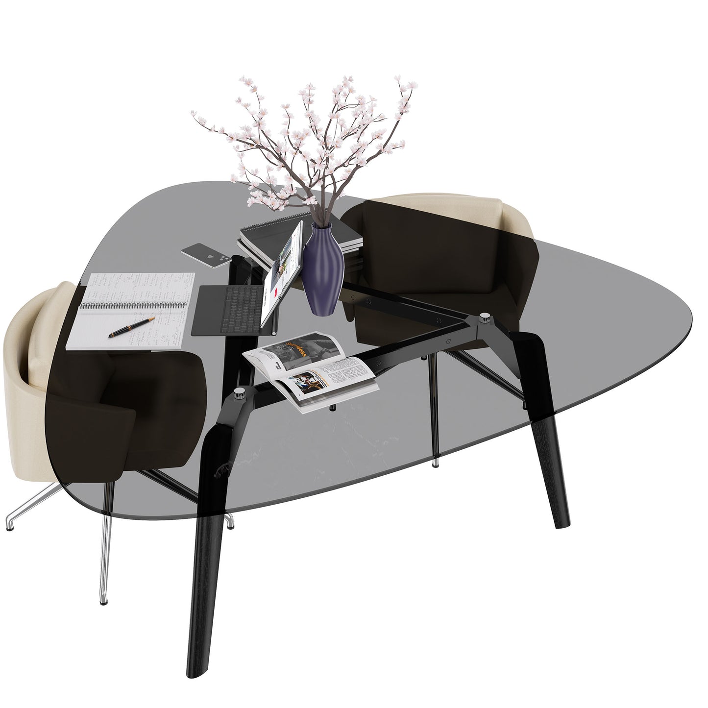 Bralco RAIL Tableau de réunion | Triangulaire, 1794 x 1716 mm (6 personnes), plaque de table en verre teintée de gris