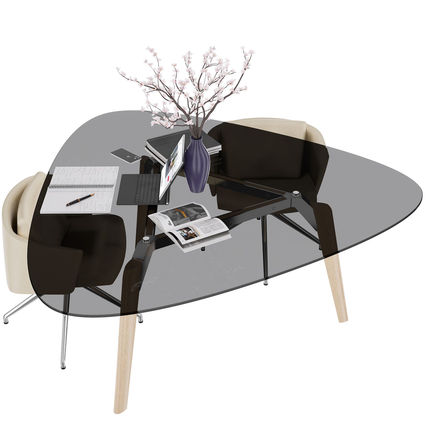 Bralco RAIL Tableau de réunion | Triangulaire, 1794 x 1716 mm (6 personnes), plaque de table en verre teintée de gris