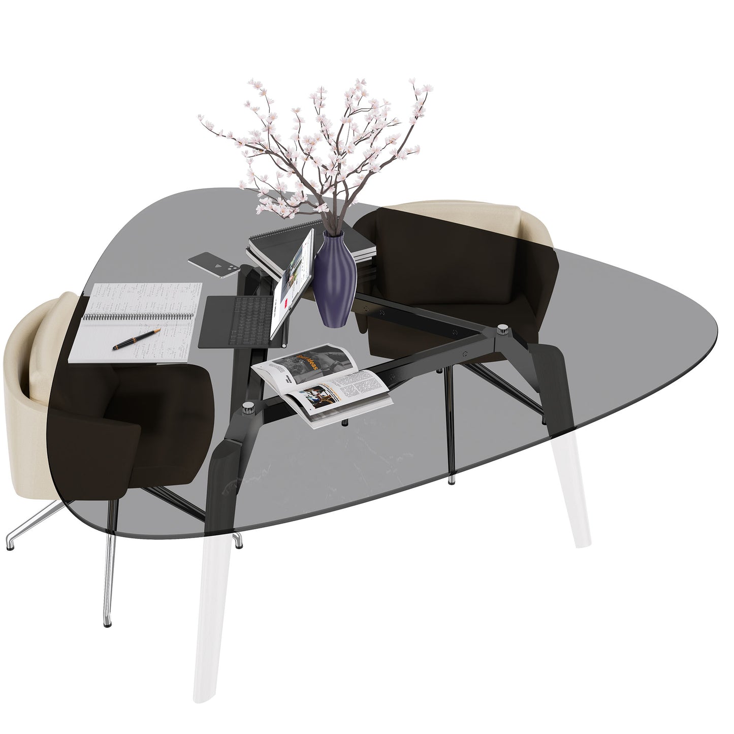 Bralco RAIL Tableau de réunion | Triangulaire, 1794 x 1716 mm (6 personnes), plaque de table en verre teintée de gris