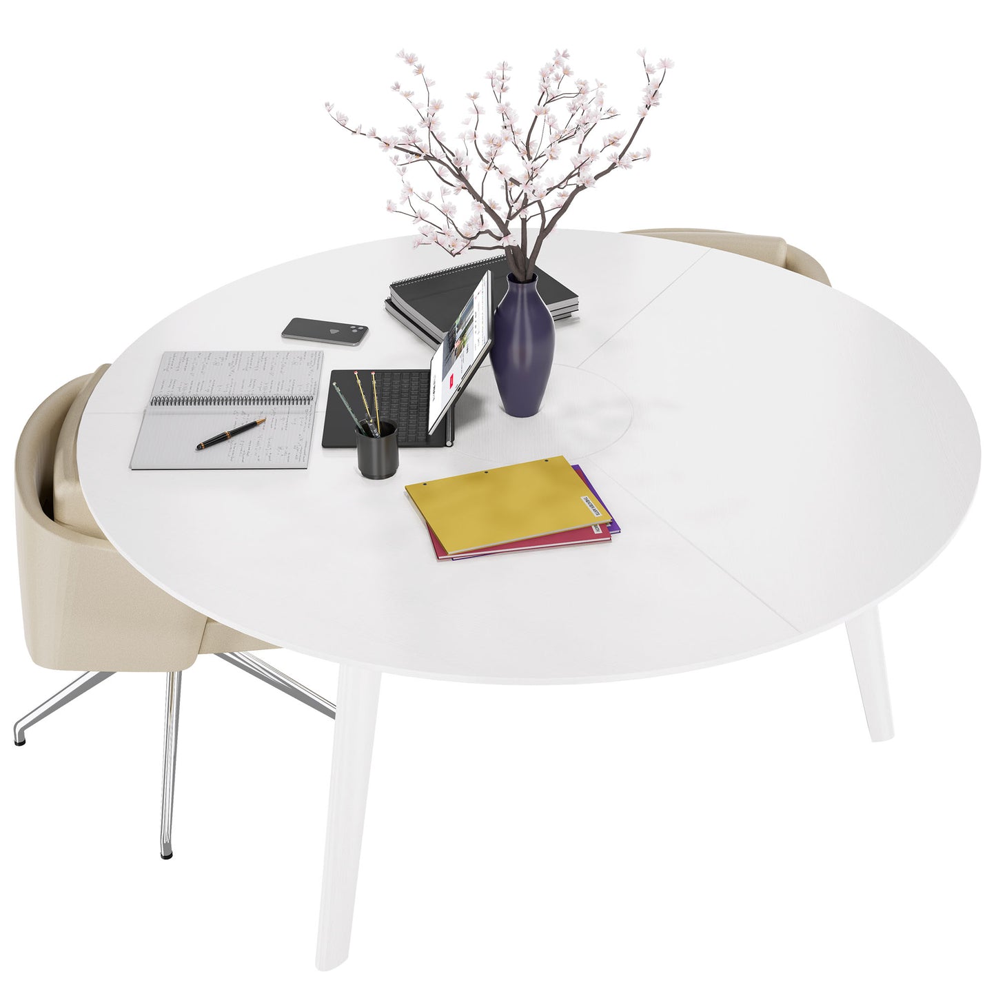 Bralco RAIL Tableau de réunion | Round, 1200 - 1600 mm (4 - 6 personnes), vrai bois, chêne blanc