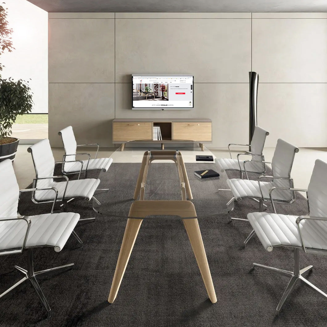 BRALCO RAIL meeting table | Boat shape, 2400 x 1200 x 750 mm (8 people) | gray tinted glass table top