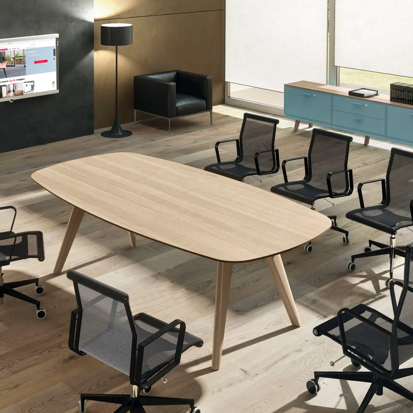 BRALCO RAIL meeting table | Boat shape, 2400 x 1200 x 750 mm (8 people) | gray tinted glass table top