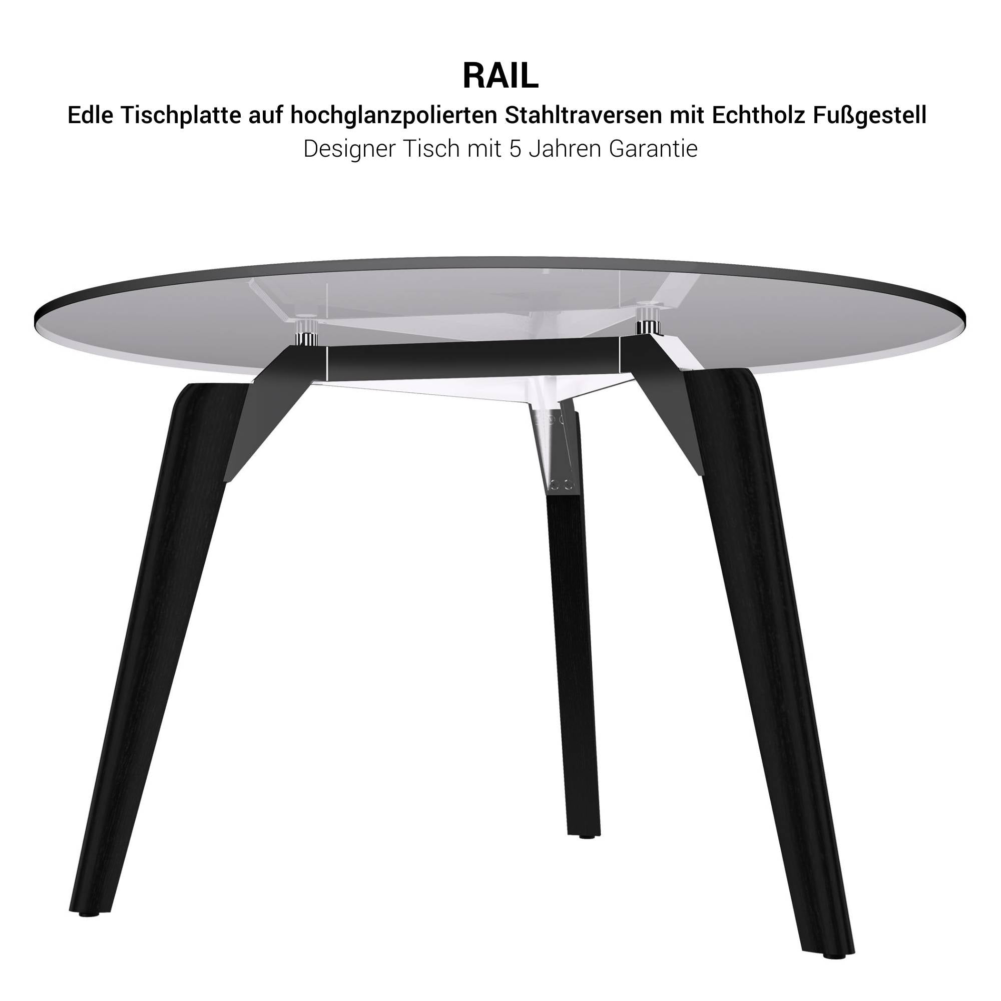 Bralco RAIL Tableau de réunion | Round, 1200-1600 mm (4-6 personnes), plaque de table en verre, chêne en bois massif