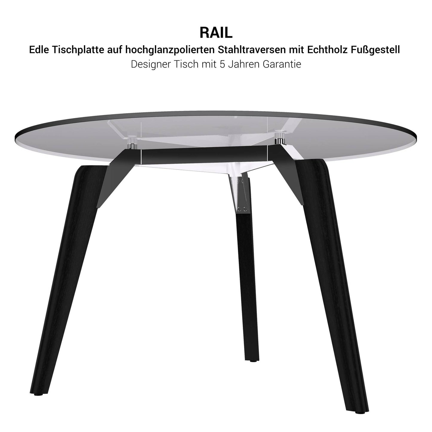 BRALCO RAIL meeting table | Round, 1200 - 1600 mm (4 - 6 people), gray tinted glass table top, solid oak wood frame