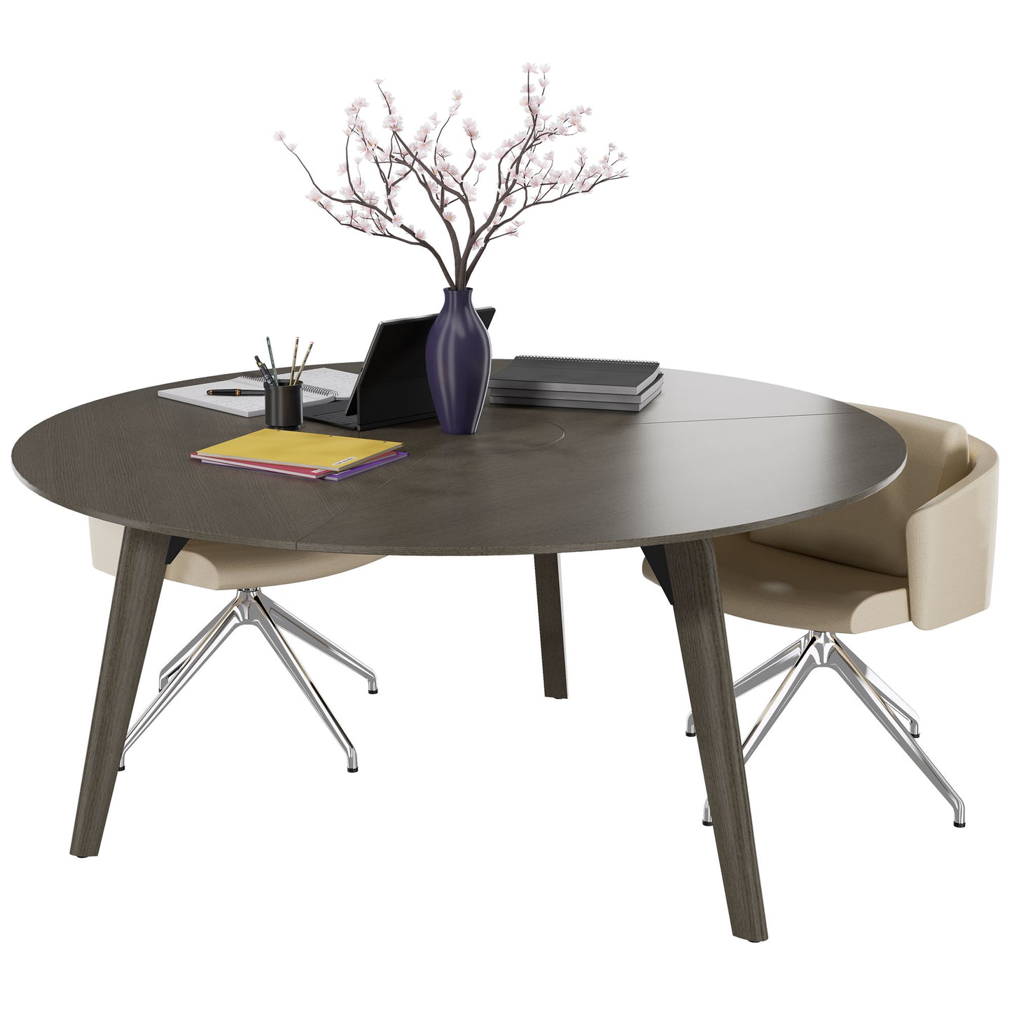 Bralco RAIL Tableau de réunion | Round, 1200 - 1600 mm (4 - 6 personnes), vrai bois, chêne gris foncé