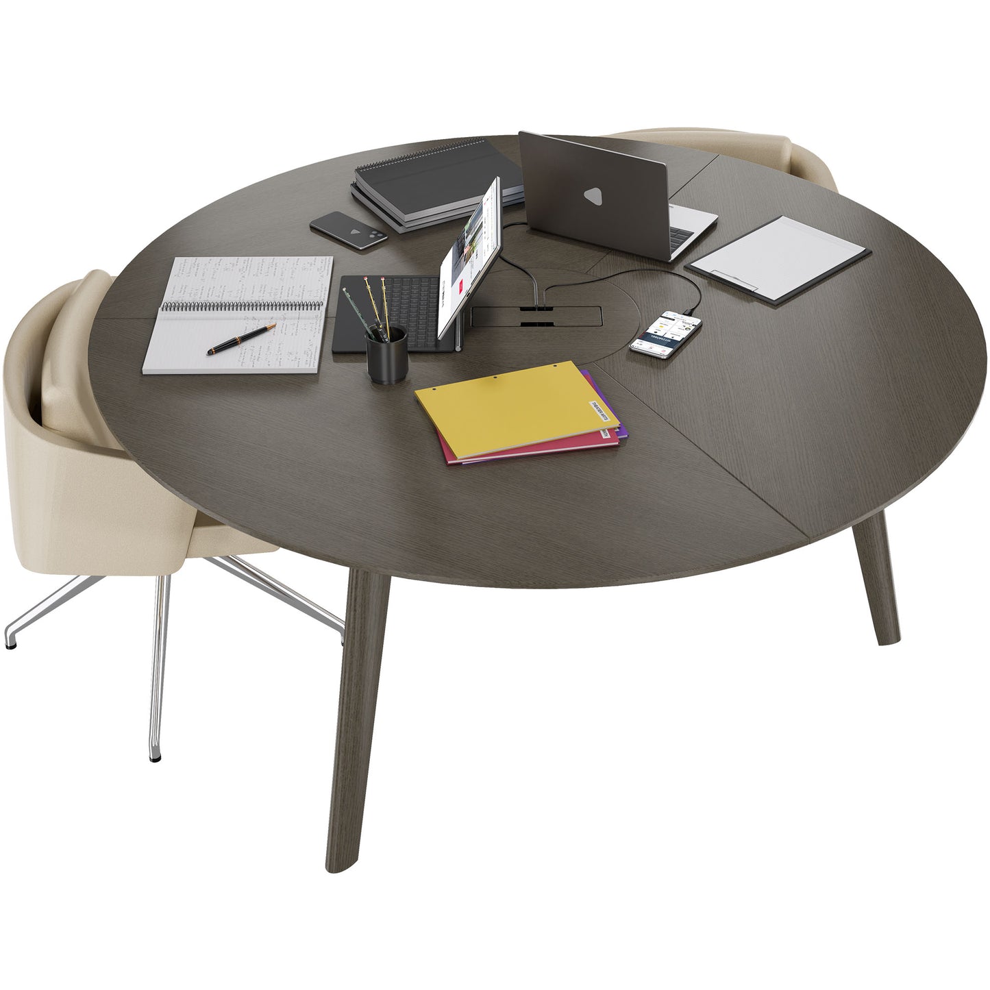 Bralco RAIL Tableau de réunion | Round, 1200 - 1600 mm (4 - 6 personnes), vrai bois, chêne gris foncé