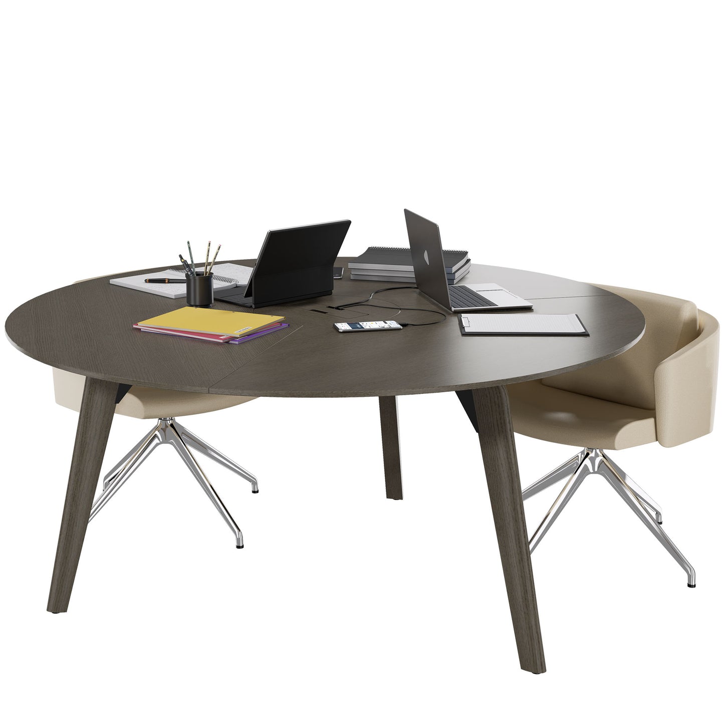 Bralco RAIL Tableau de réunion | Round, 1200 - 1600 mm (4 - 6 personnes), vrai bois, chêne gris foncé