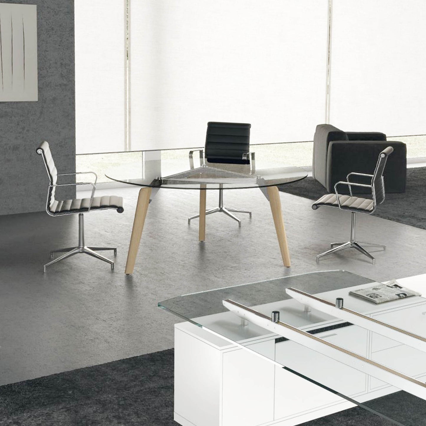 Bralco RAIL Tableau de réunion | Round, 1200 - 1600 mm (4 - 6 personnes), vrai bois, chêne gris foncé