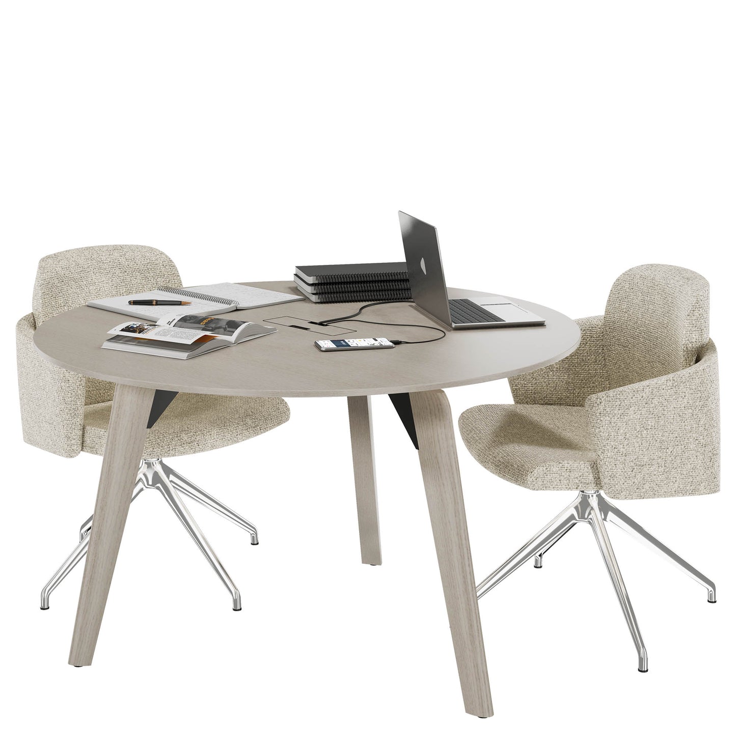 Bralco RAIL Tableau de réunion | Round, 1200 - 1600 mm (4 - 6 personnes), vrai bois, chêne gris clair