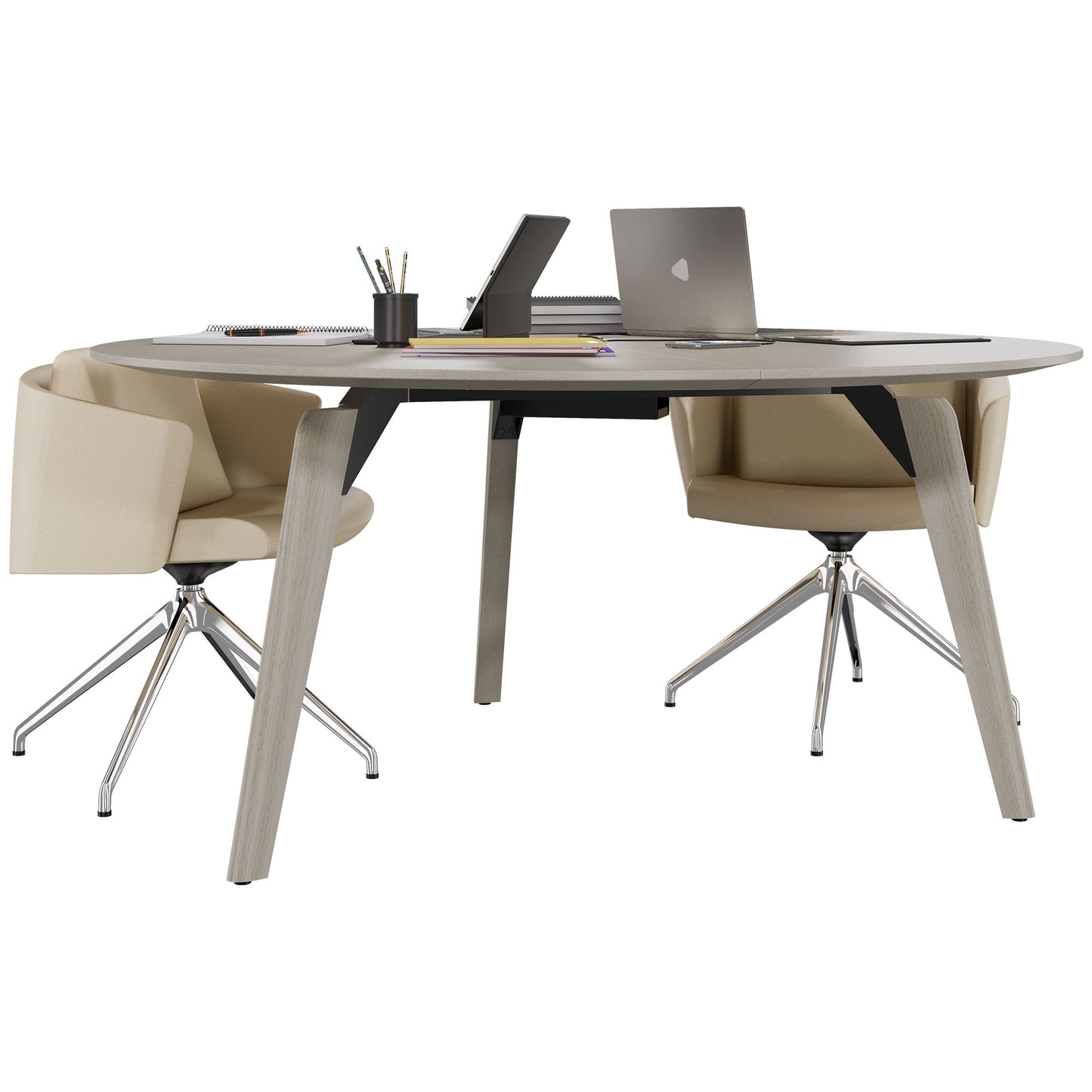 Bralco RAIL Tableau de réunion | Round, 1200 - 1600 mm (4 - 6 personnes), vrai bois, chêne gris clair